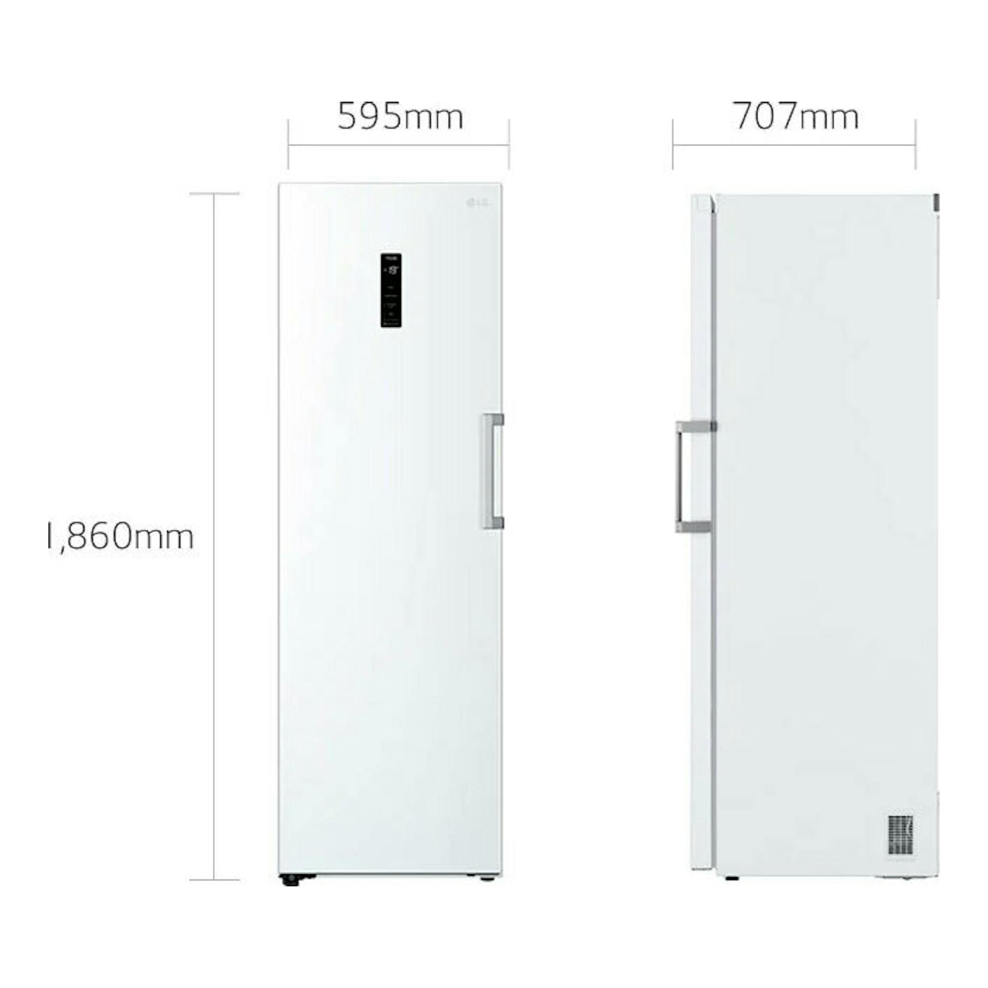 Congelador LG GFT41SWGSZ blanco, vista frontal y lateral, con medidas 1860 x 595 x 707 mm.