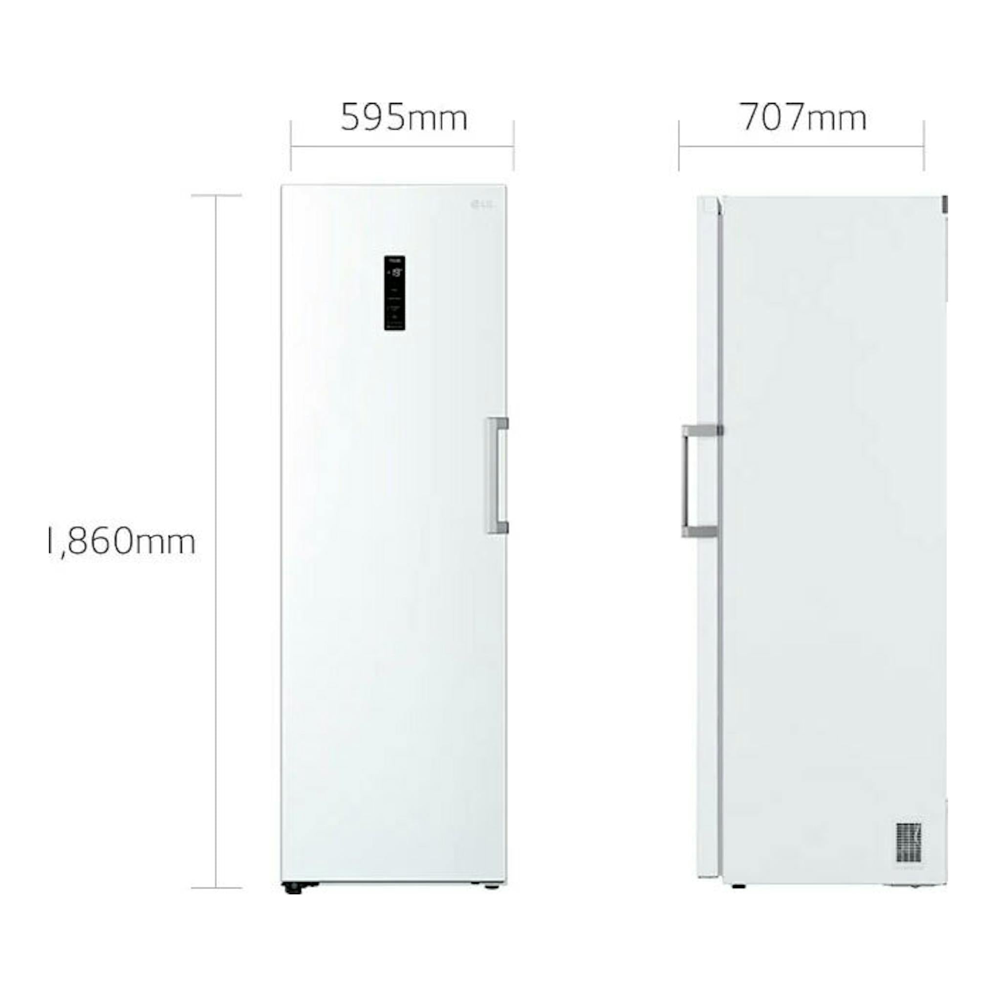 Congelador LG GFT41SWGSZ blanco, vista frontal y lateral, con medidas 1860 x 595 x 707 mm.