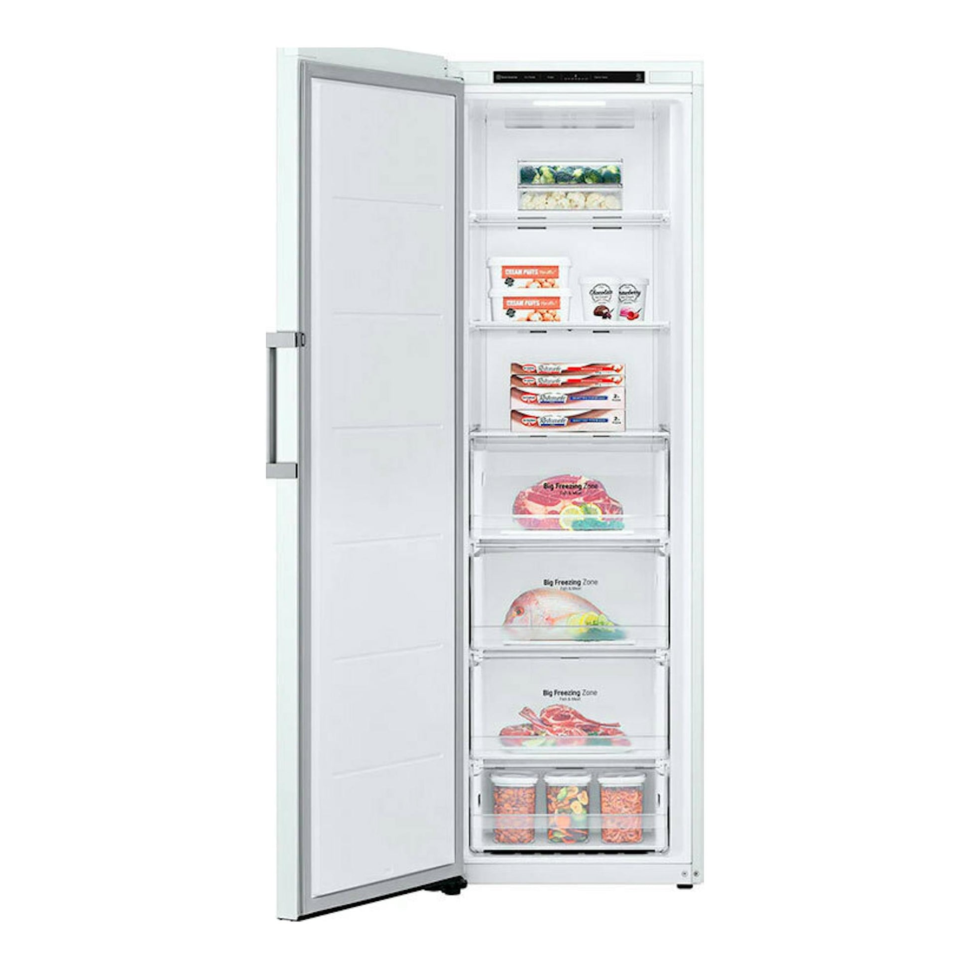 Congelador vertical LG GFT41SWGSZ blanco, con la puerta abierta y los compartimentos interiores visibles.