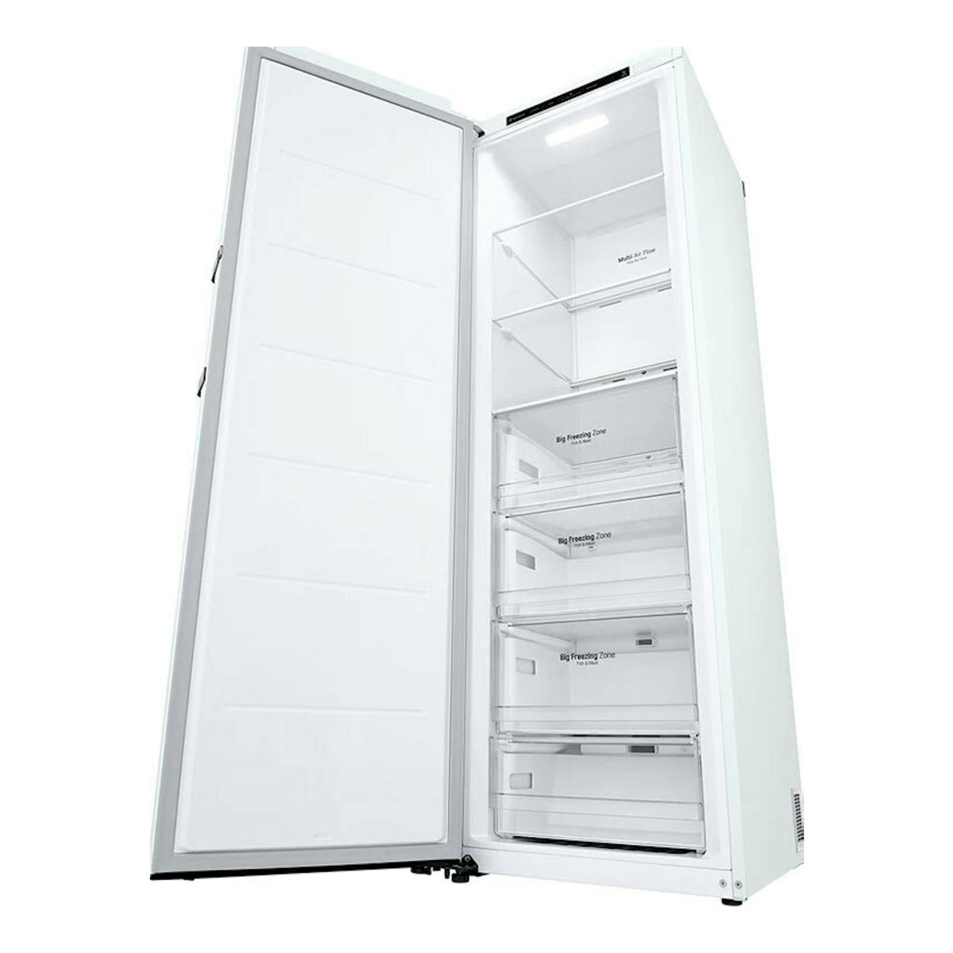 Congelador LG GFT41SWGSZ blanco, puerta abierta en vista frontal inclinada, con cajones visibles.