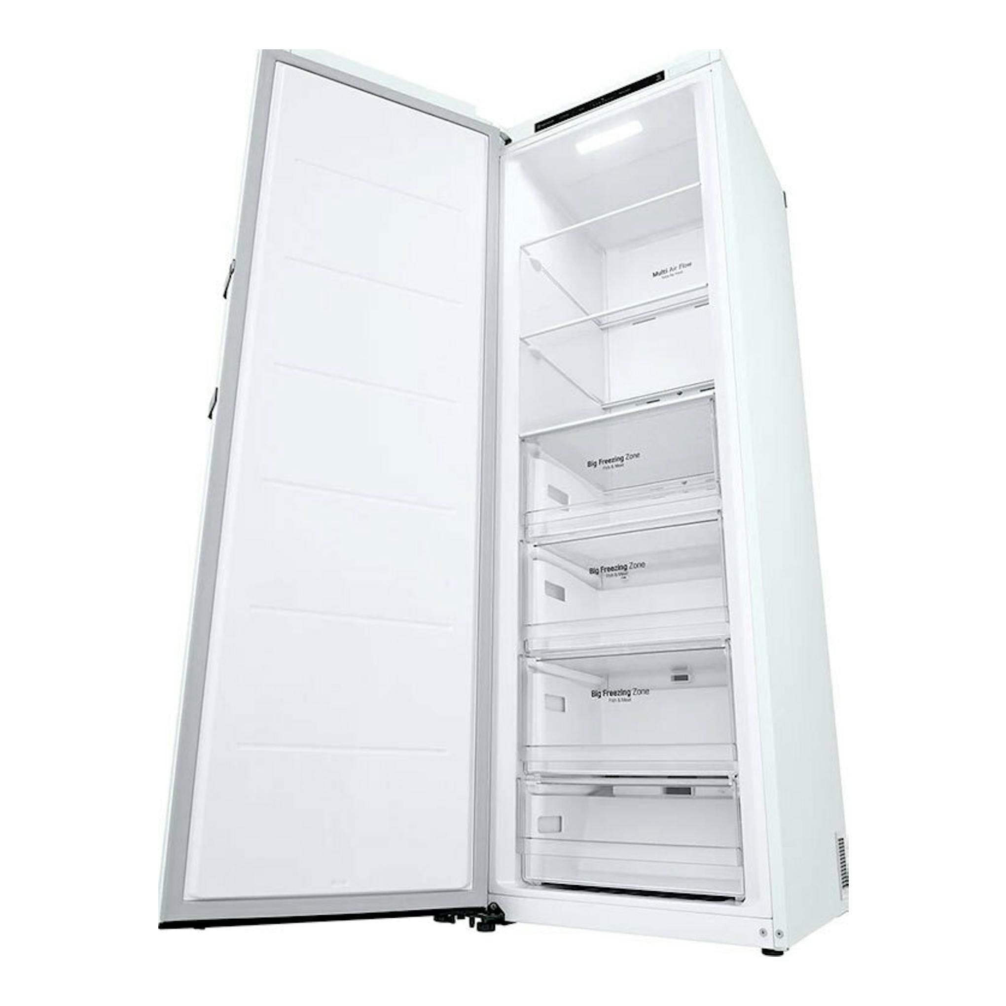Congelador LG GFT41SWGSZ blanco, puerta abierta en vista frontal inclinada, con cajones visibles.