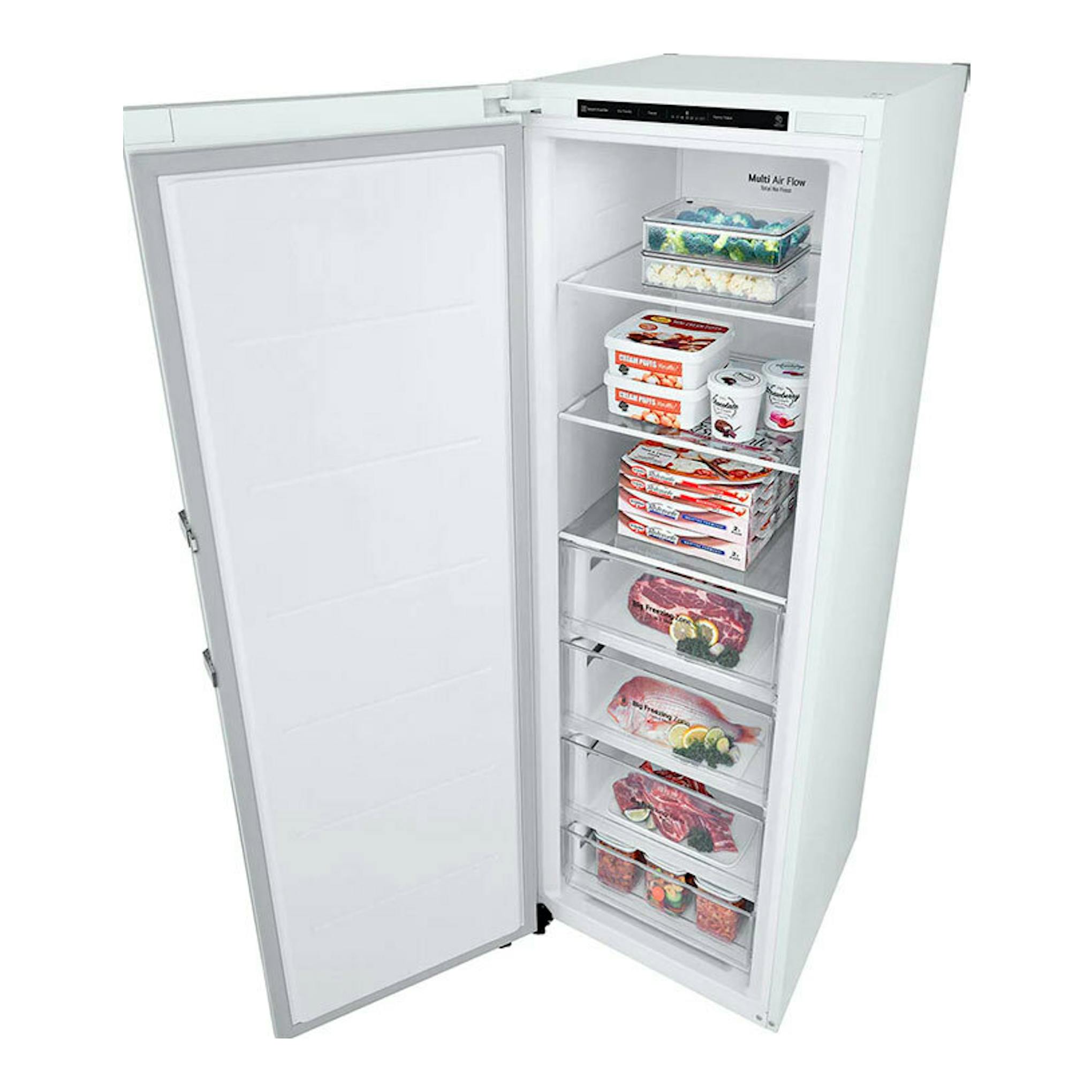 Congelador vertical LG GFT41SWGSZ blanco, vista frontal en ángulo, puerta abierta con cajones y alimentos.