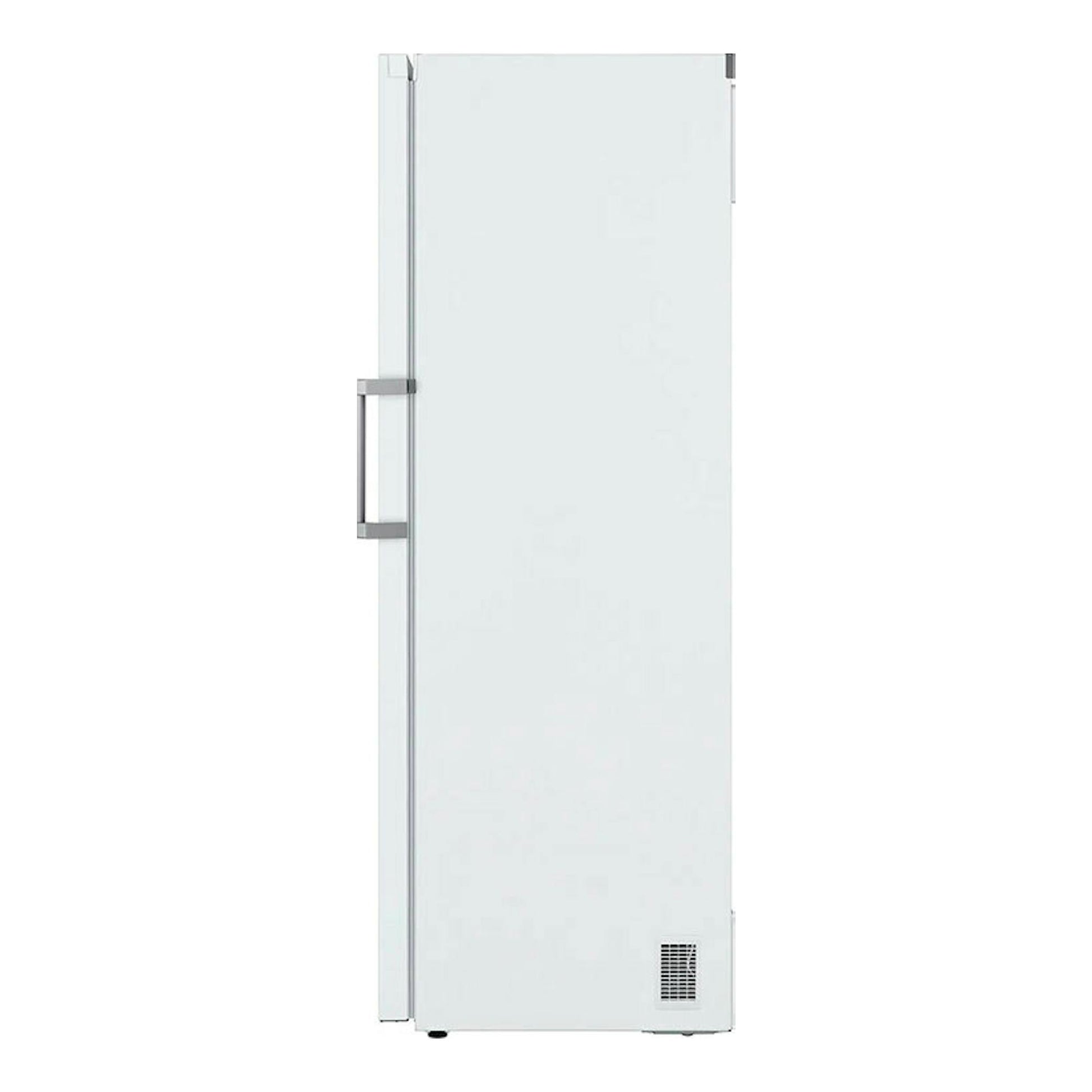 Congelador vertical LG GFT41SWGSZ blanco, vista frontal, con tirador lateral y rejilla inferior.