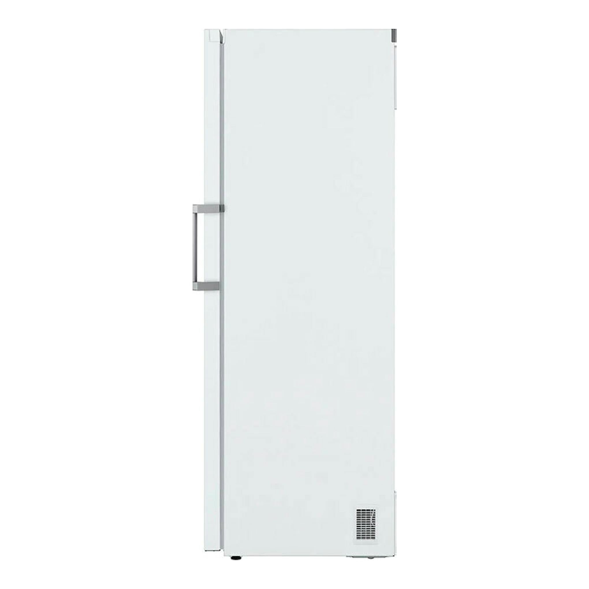Congelador vertical LG GFT41SWGSZ blanco, vista frontal, con tirador lateral y rejilla inferior.
