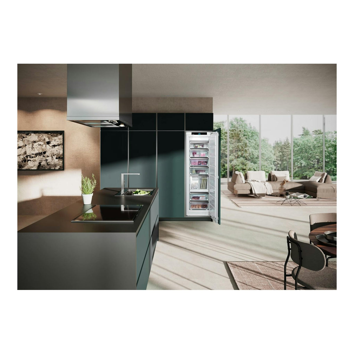 Congelador vertical integrado Liebherr SIFNAe 5188-20 001, puerta abierta, vista frontal en cocina moderna.