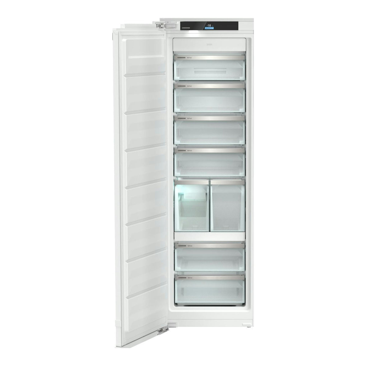 Congelador vertical integrable Liebherr SIFNAe 5188-20 617, puerta abierta, vista frontal, blanco.