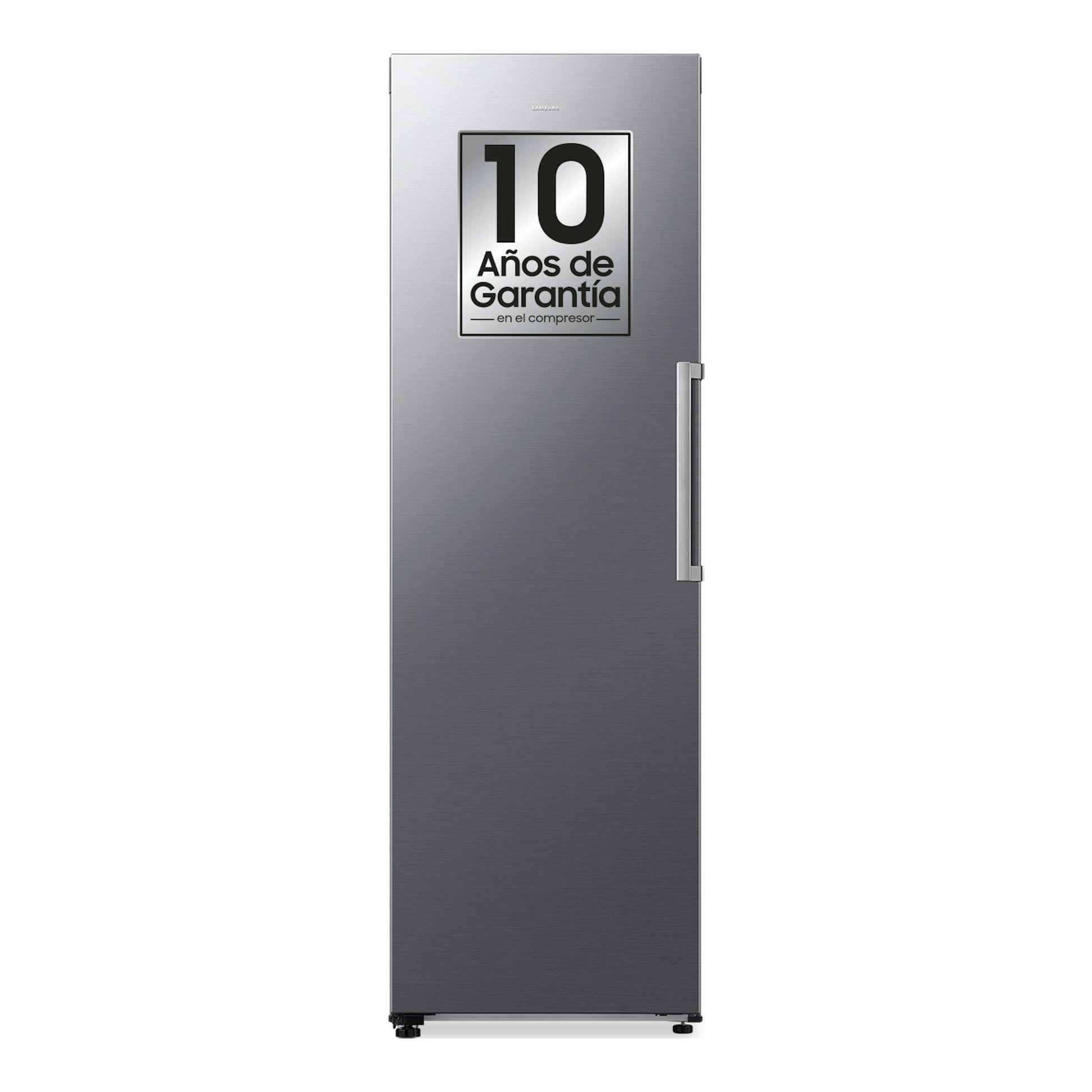 Congelador vertical Samsung RZ40H32PETEF, plateado, vista frontal, con etiqueta de 10 años de garantía.