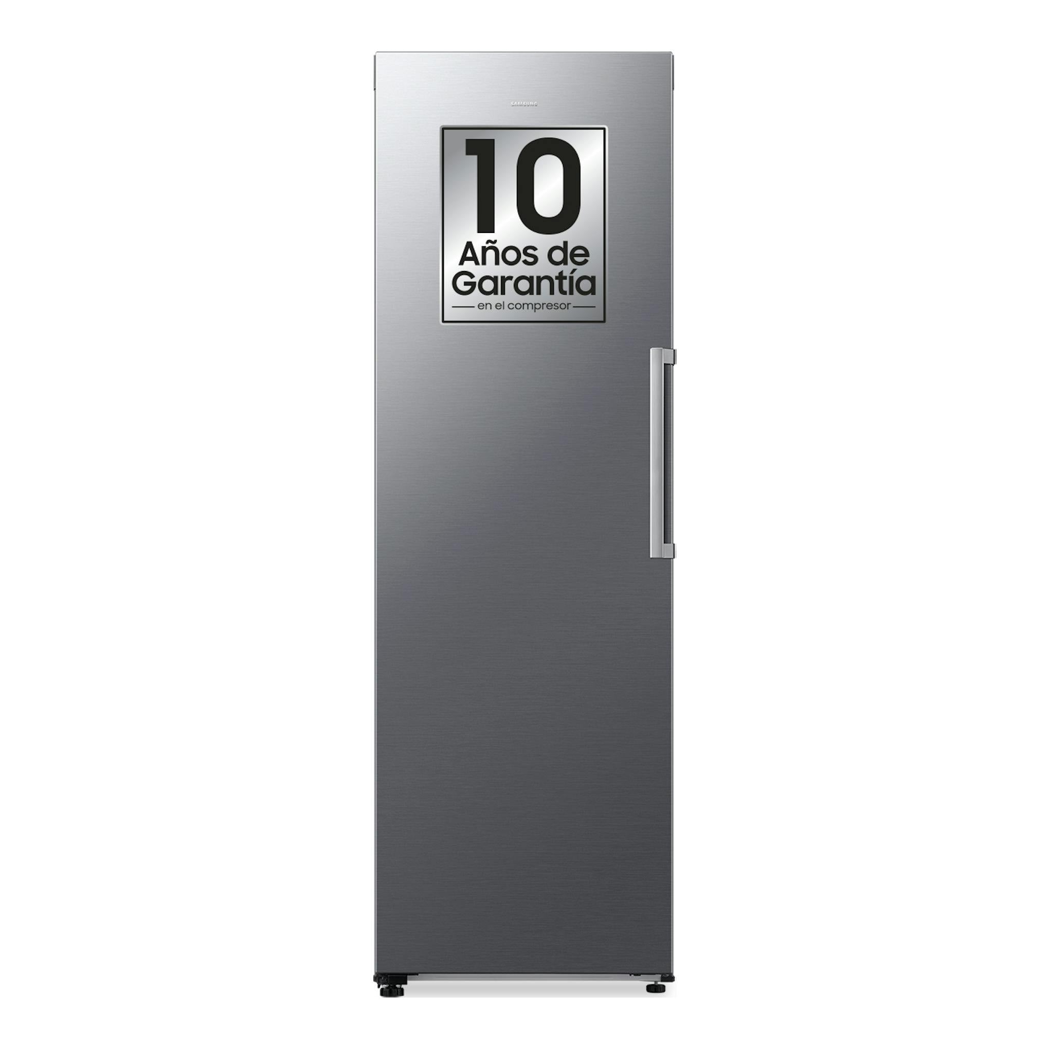Congelador vertical Samsung RZ40H32PETEF, plateado, vista frontal, con etiqueta de 10 años de garantía.