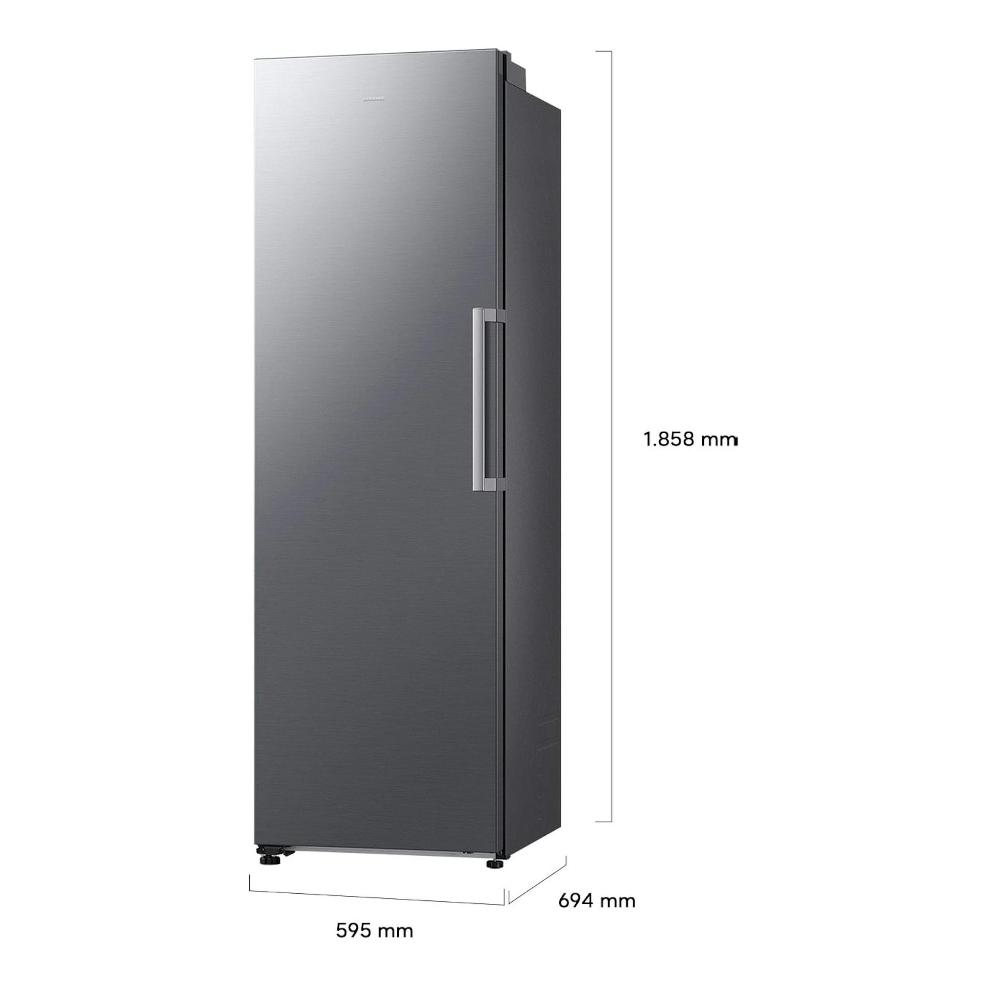 Congelador vertical Samsung RZ40H32PETEF gris, vista frontal ligeramente en ángulo, con dimensiones indicadas.