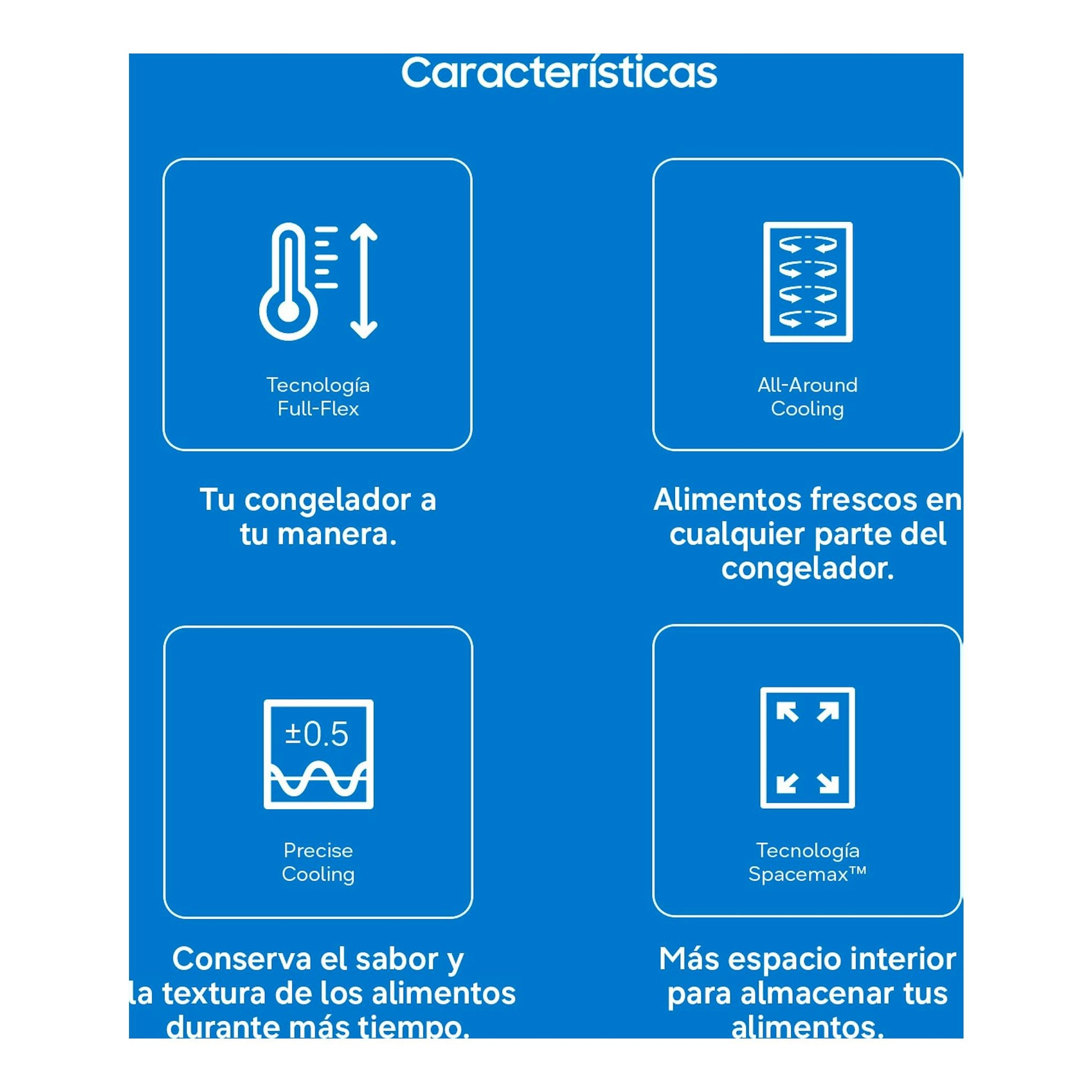 Infografía azul de Samsung RZ40H32PETEF con iconos de Full-Flex, All-Around Cooling, Precise Cooling y Spacemax.