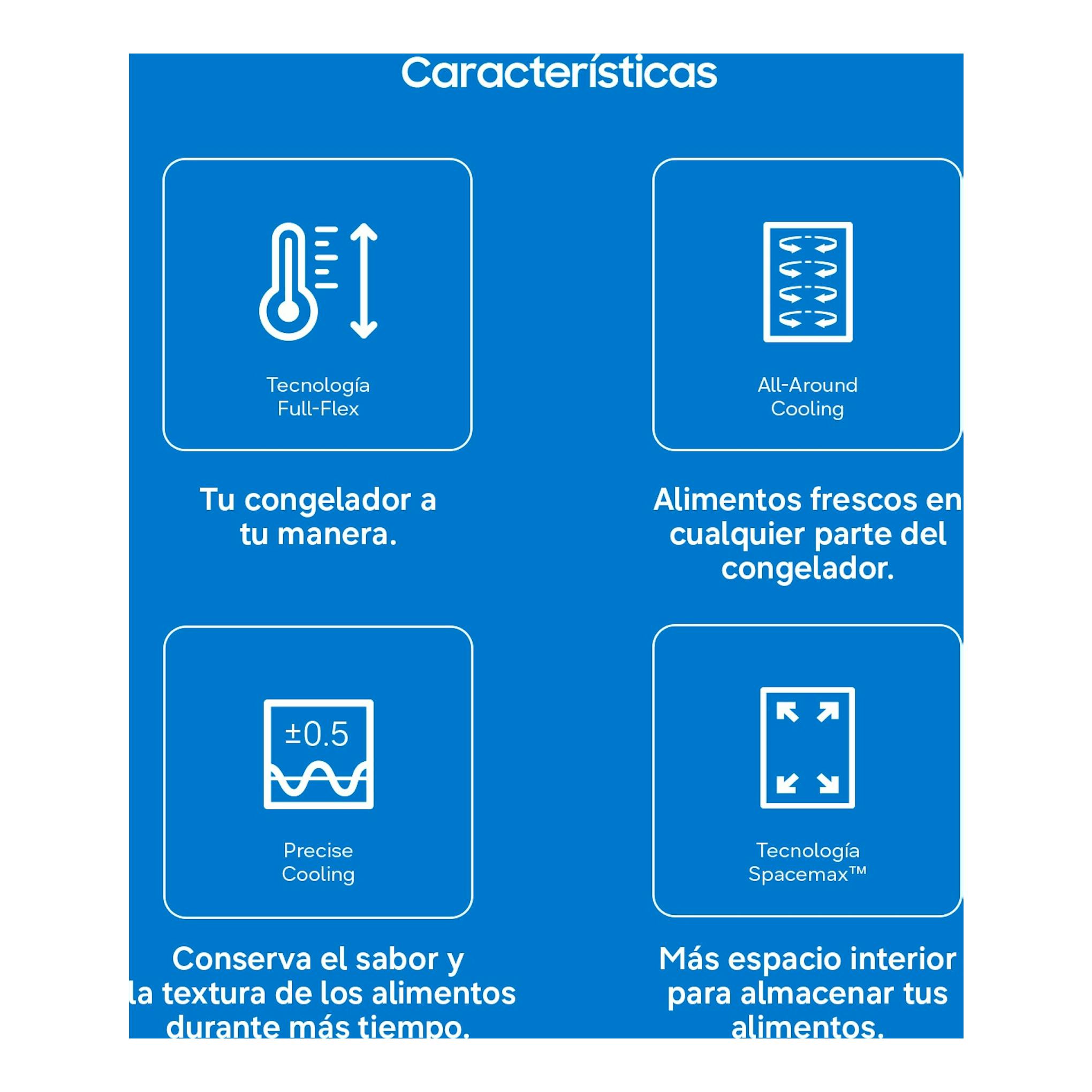Infografía azul de Samsung RZ40H32PETEF con iconos de Full-Flex, All-Around Cooling, Precise Cooling y Spacemax.