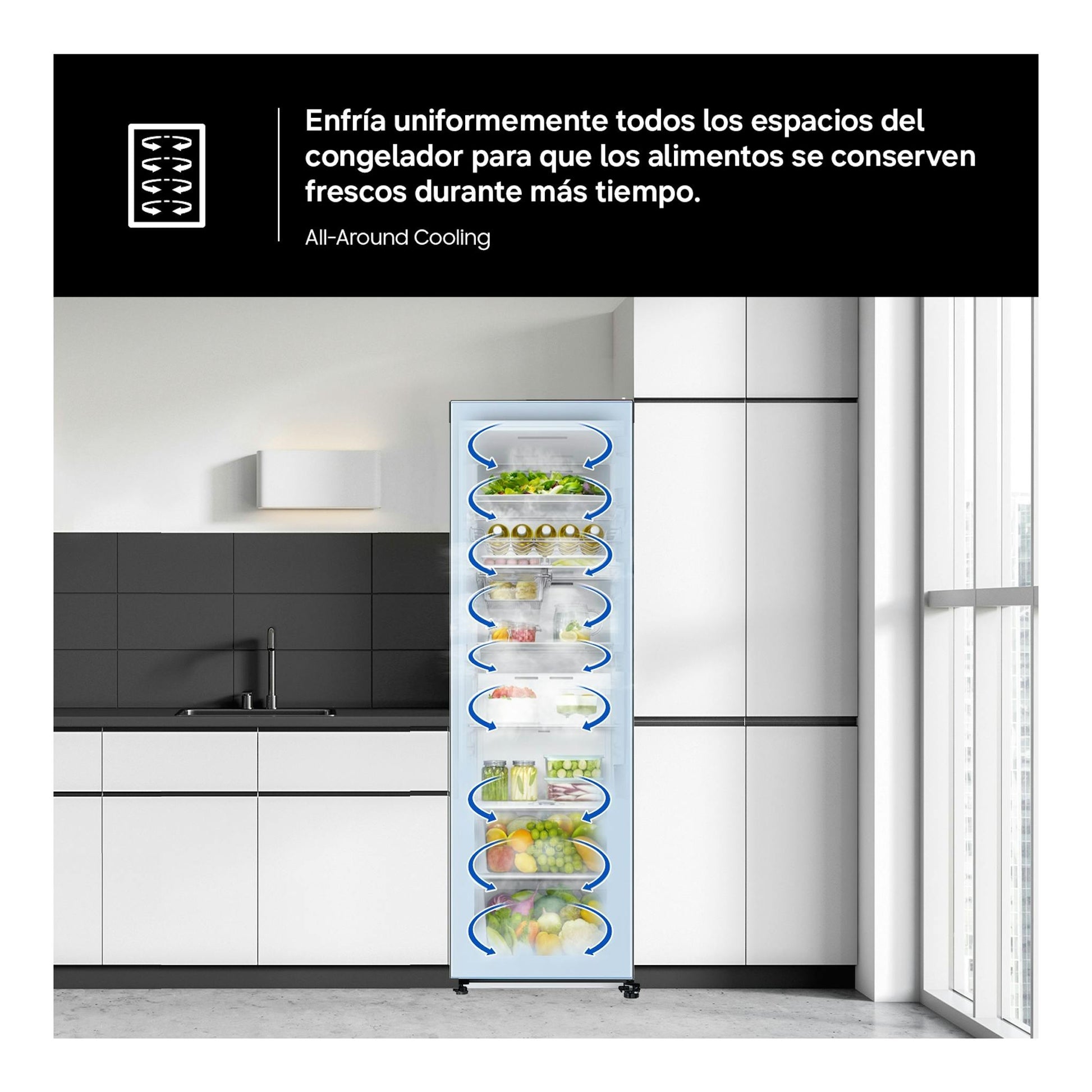 Congelador vertical Samsung RZ40H32PETEF blanco, vista frontal, en cocina moderna.