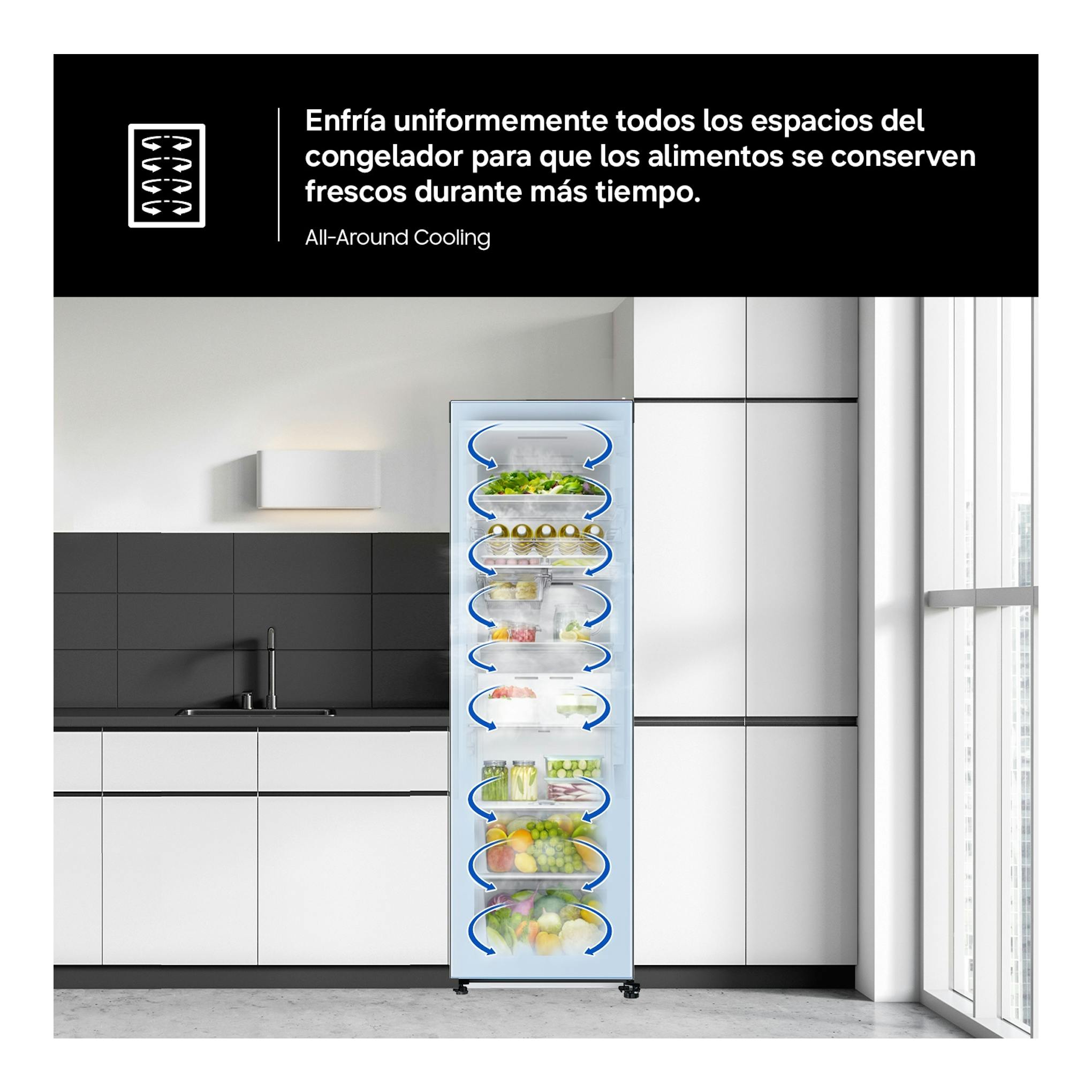 Congelador vertical Samsung RZ40H32PETEF blanco, vista frontal, en cocina moderna.