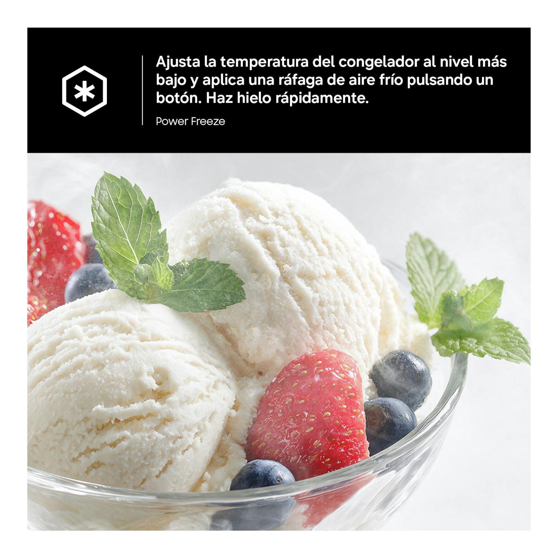Samsung RZ40H32PETEF: gráfico promocional de Power Freeze con helado de vainilla, fresas y arándanos en cuenco de cristal.