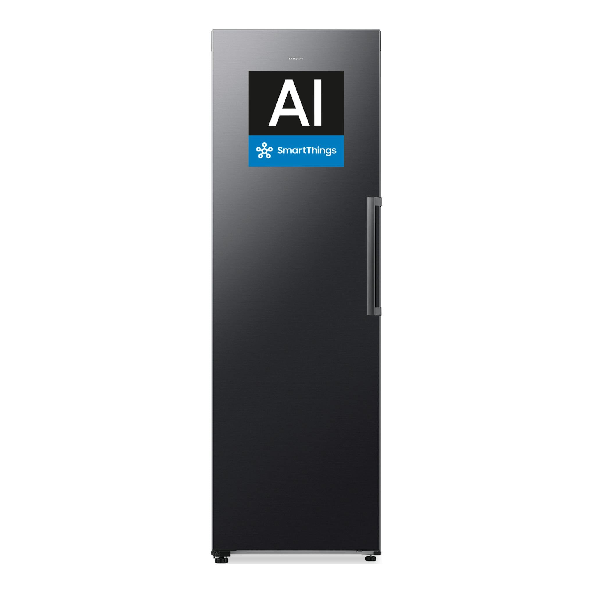 Congelador vertical Samsung RZ70H32HDFEF negro, vista frontal, con logo AI SmartThings.