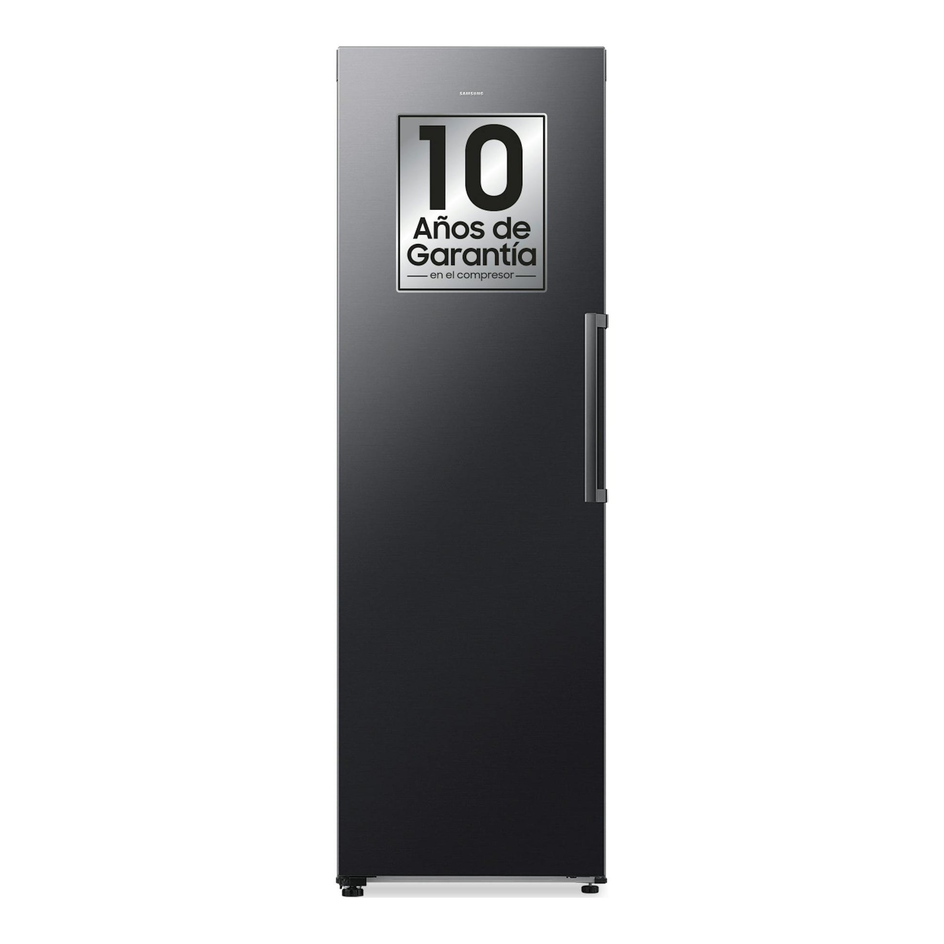 Congelador vertical Samsung negro, vista frontal, con tirador lateral y sello de 10 años de garantía.