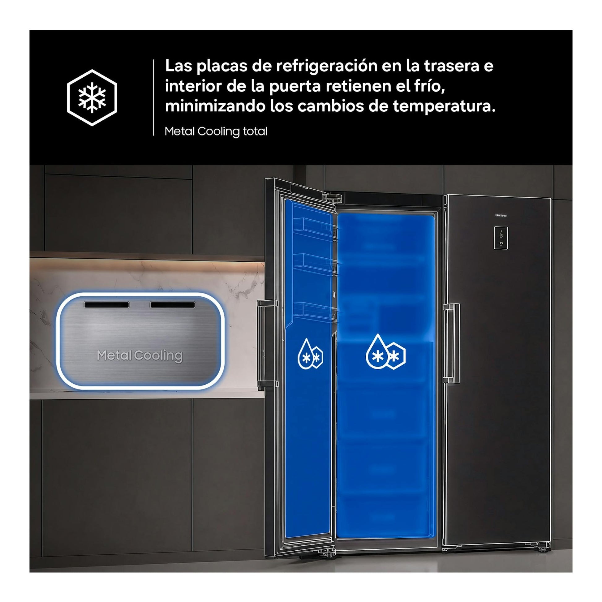 Congelador vertical Samsung RZ70H32HDFEF negro, vista frontal con puerta abierta e interior azul, Metal Cooling.