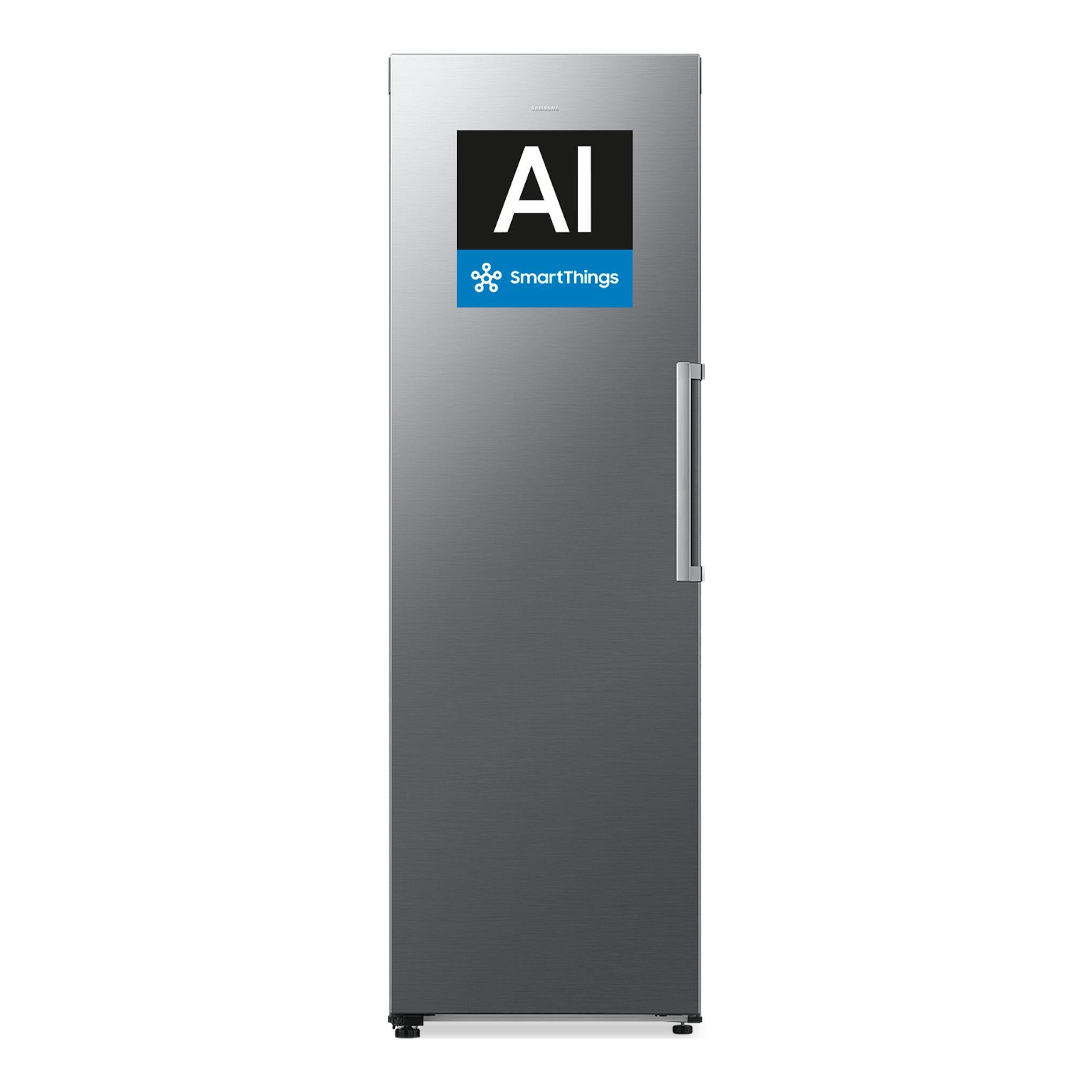 Congelador vertical Samsung RZ70H32HDTEF inox, vista frontal, con tirador en el lado derecho.