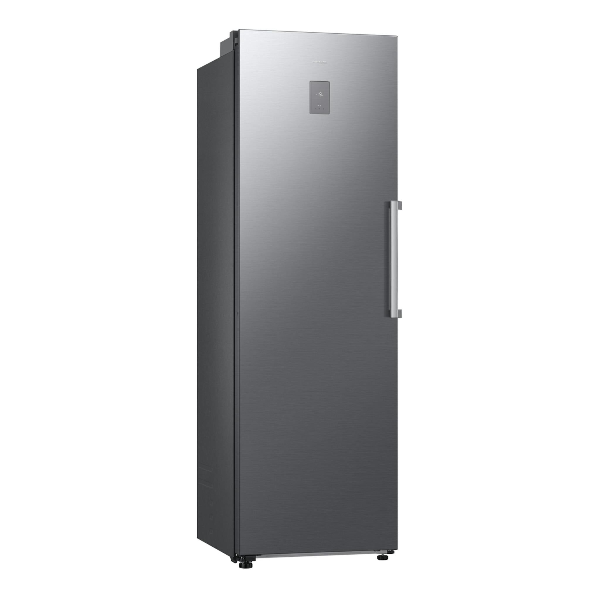 Congelador vertical Samsung RZ70H32HDTEF inox, vista frontal con ligero ángulo lateral y panel digital.