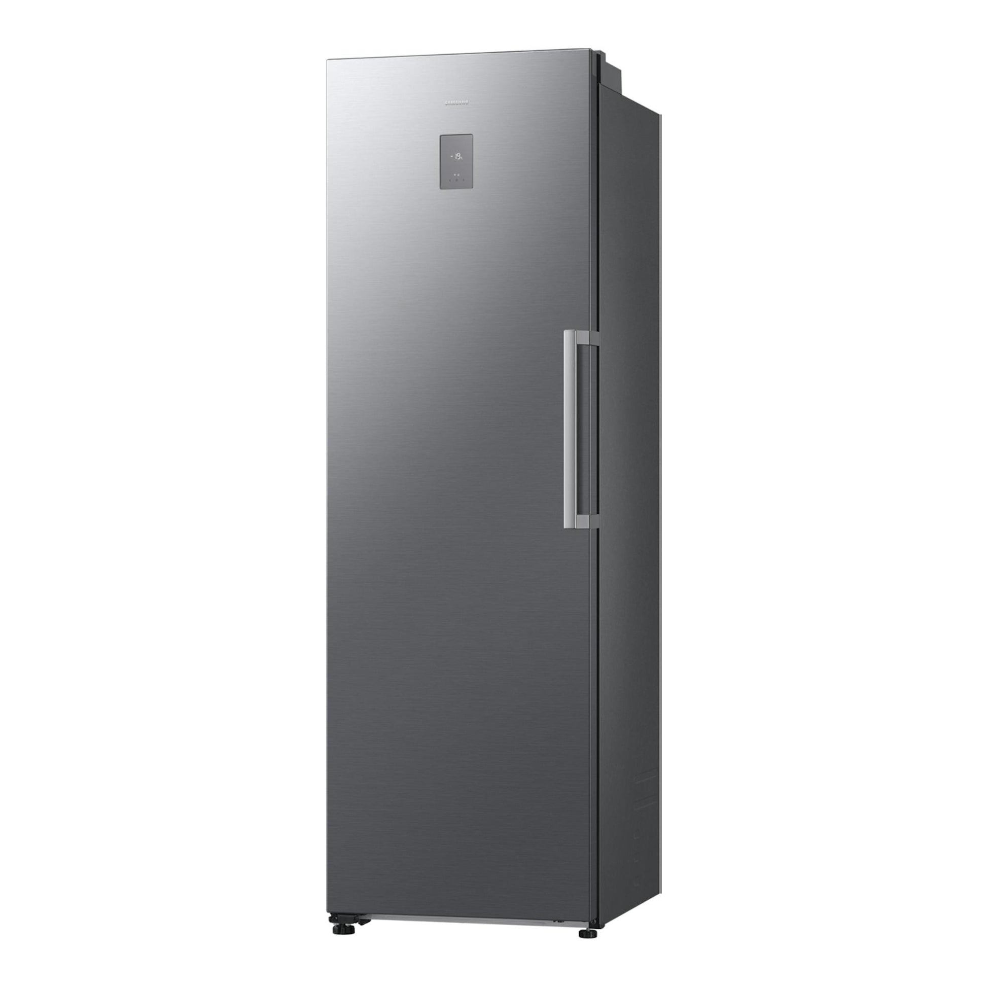 Congelador vertical Samsung RZ70H32HDTEF, acabado inox, vista frontal en ángulo con puerta y asa lateral.