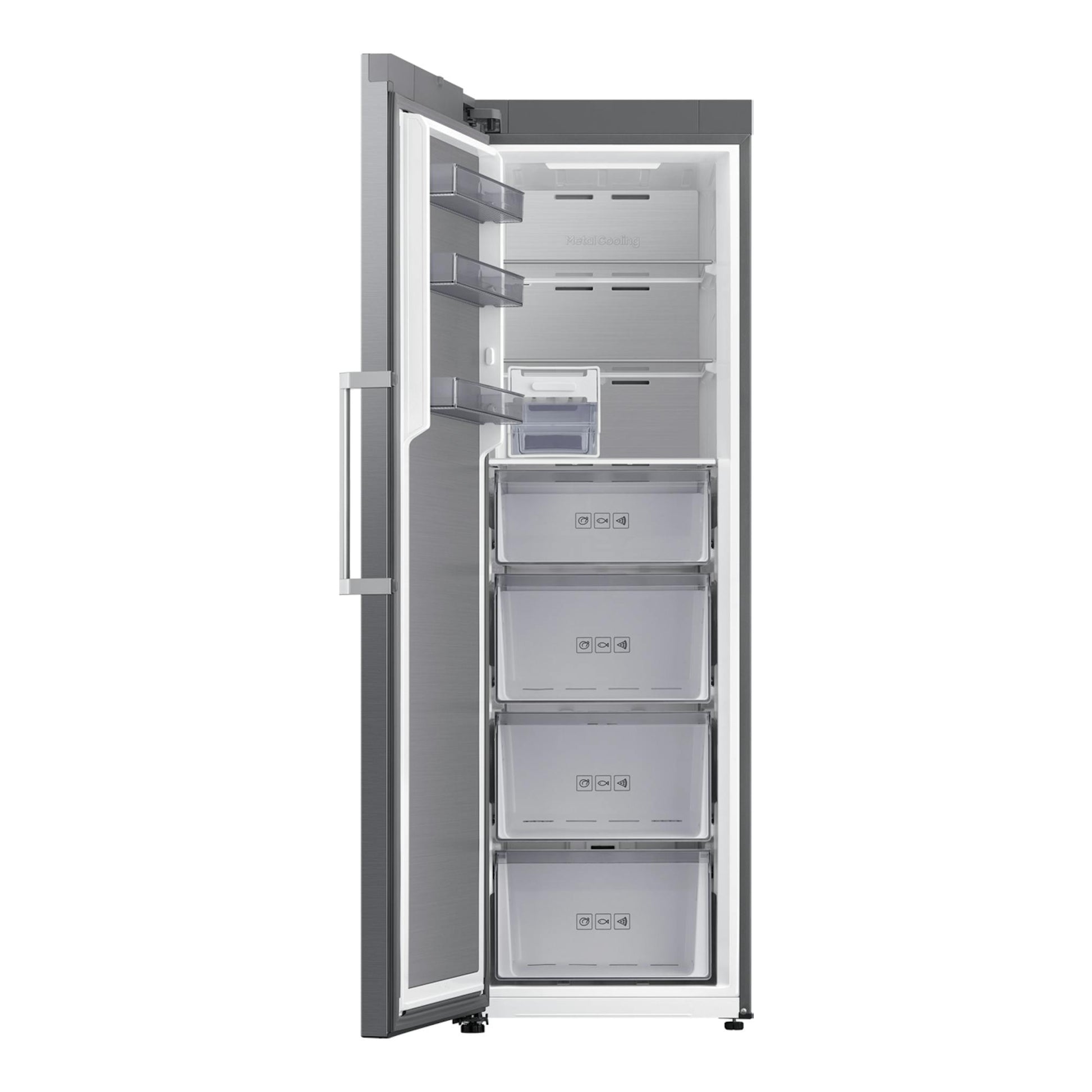 Congelador vertical Samsung RZ70H32HDTEF en inox, vista frontal con puerta abierta y cajones interiores.