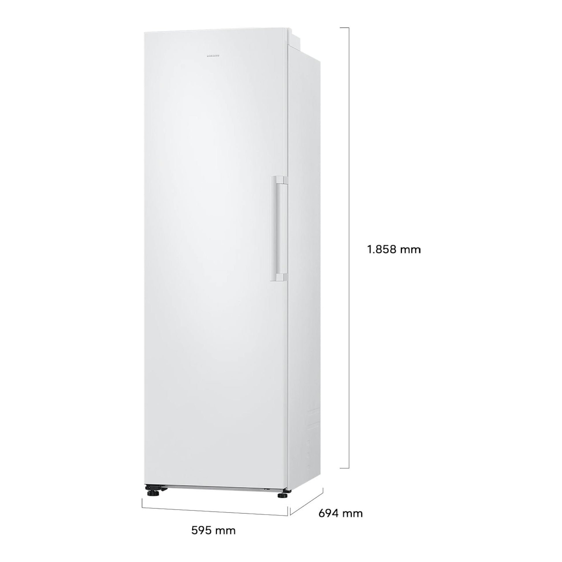 Congelador vertical Samsung blanco, vista frontal en ángulo, con asa lateral y medidas indicadas.