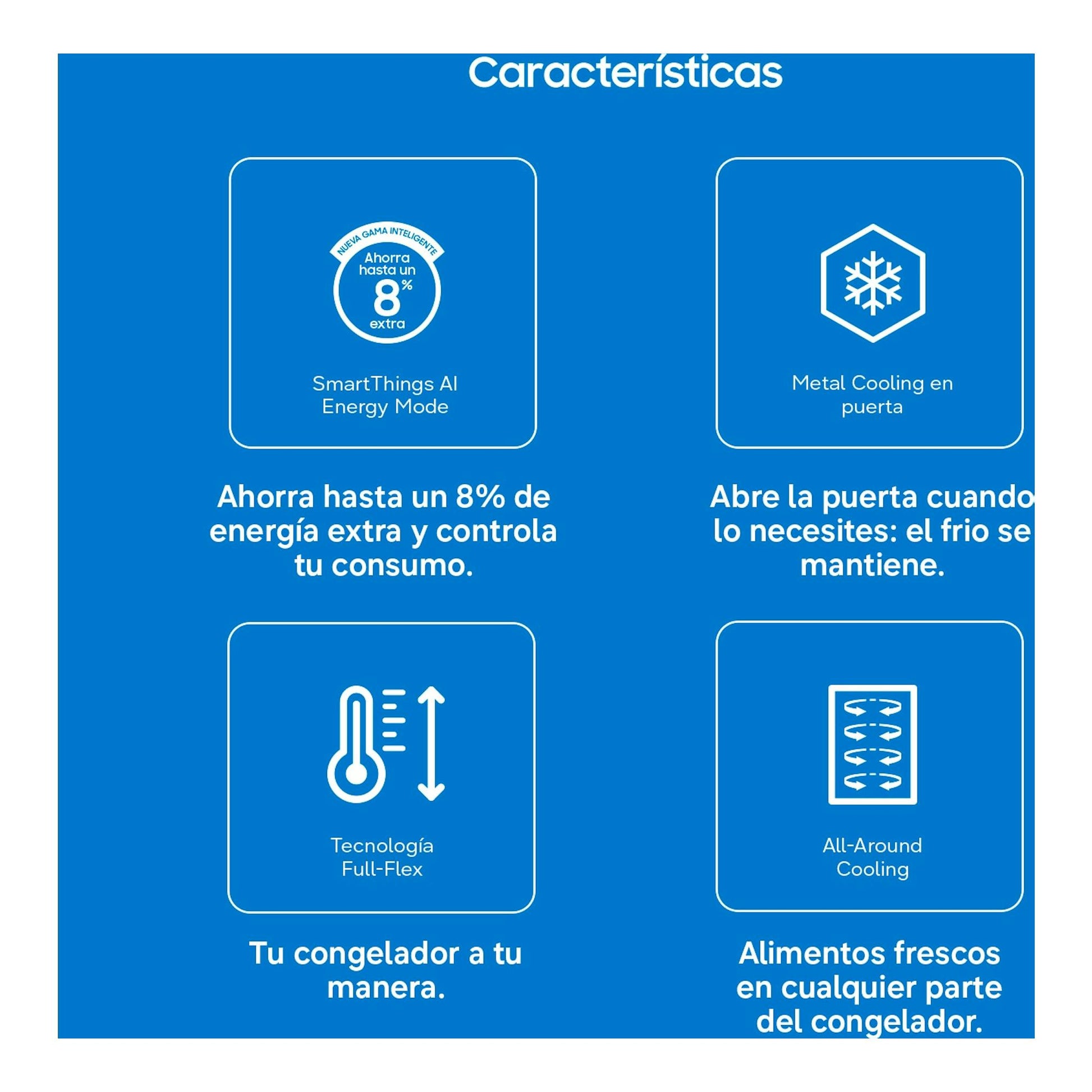 Infografía de Samsung RZ70H32KEVEF con iconos de SmartThings AI, Metal Cooling, Full-Flex y All-Around Cooling.