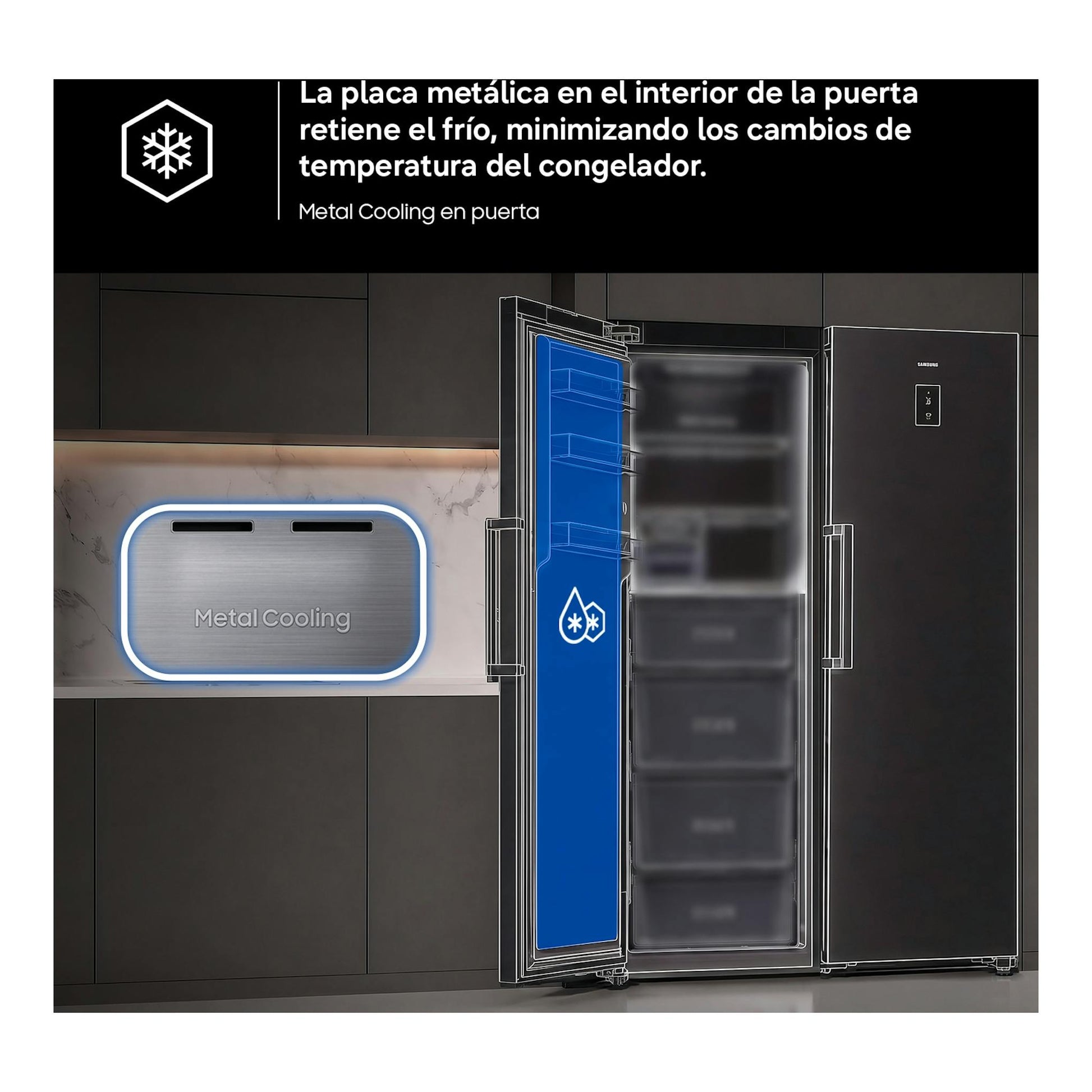 Congelador vertical Samsung RZ70H32KEVEF negro, puerta abierta con cajones interiores y panel Metal Cooling.