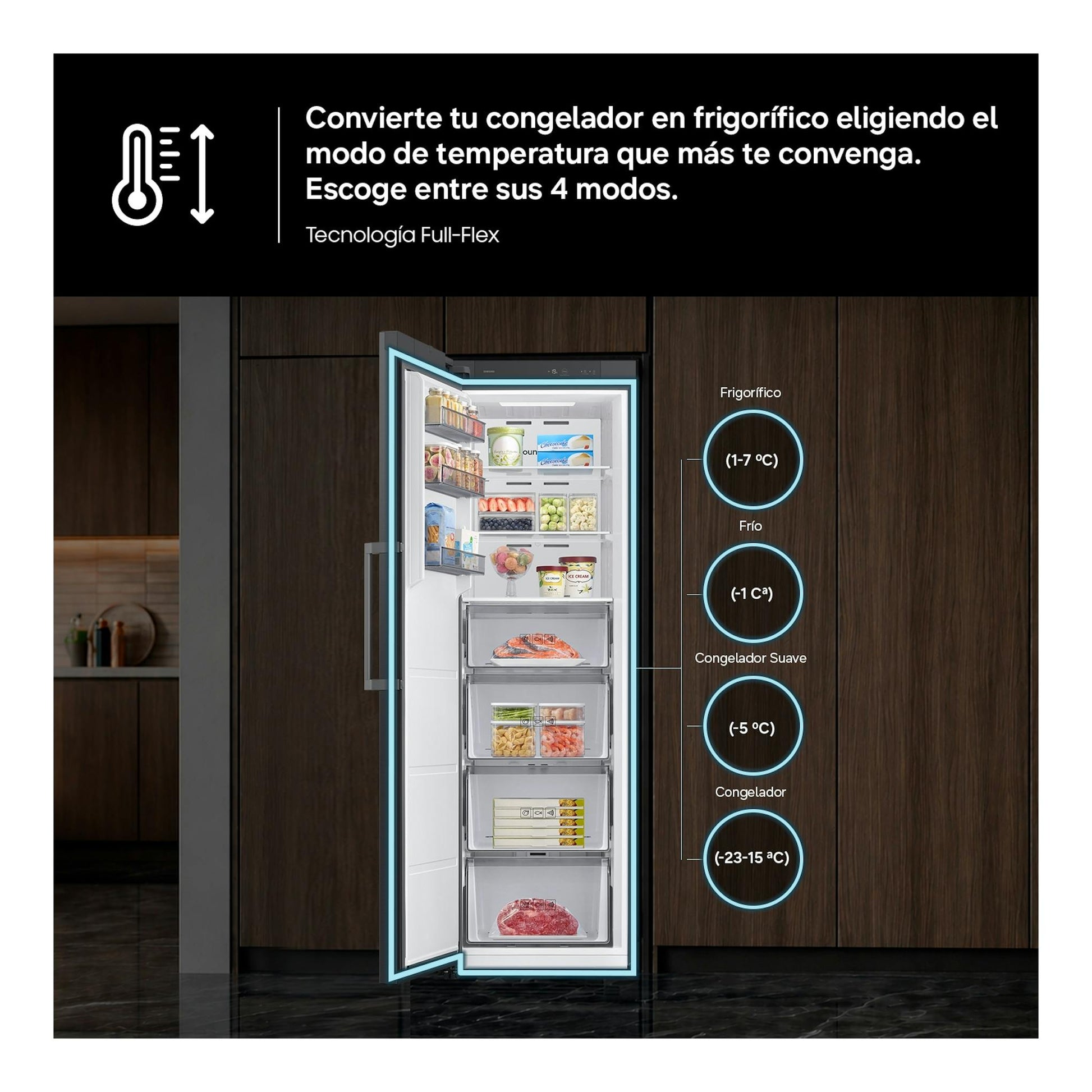 Samsung RZ70H32KEVEF: congelador vertical abierto, vista frontal, con 4 modos de temperatura Full-Flex.