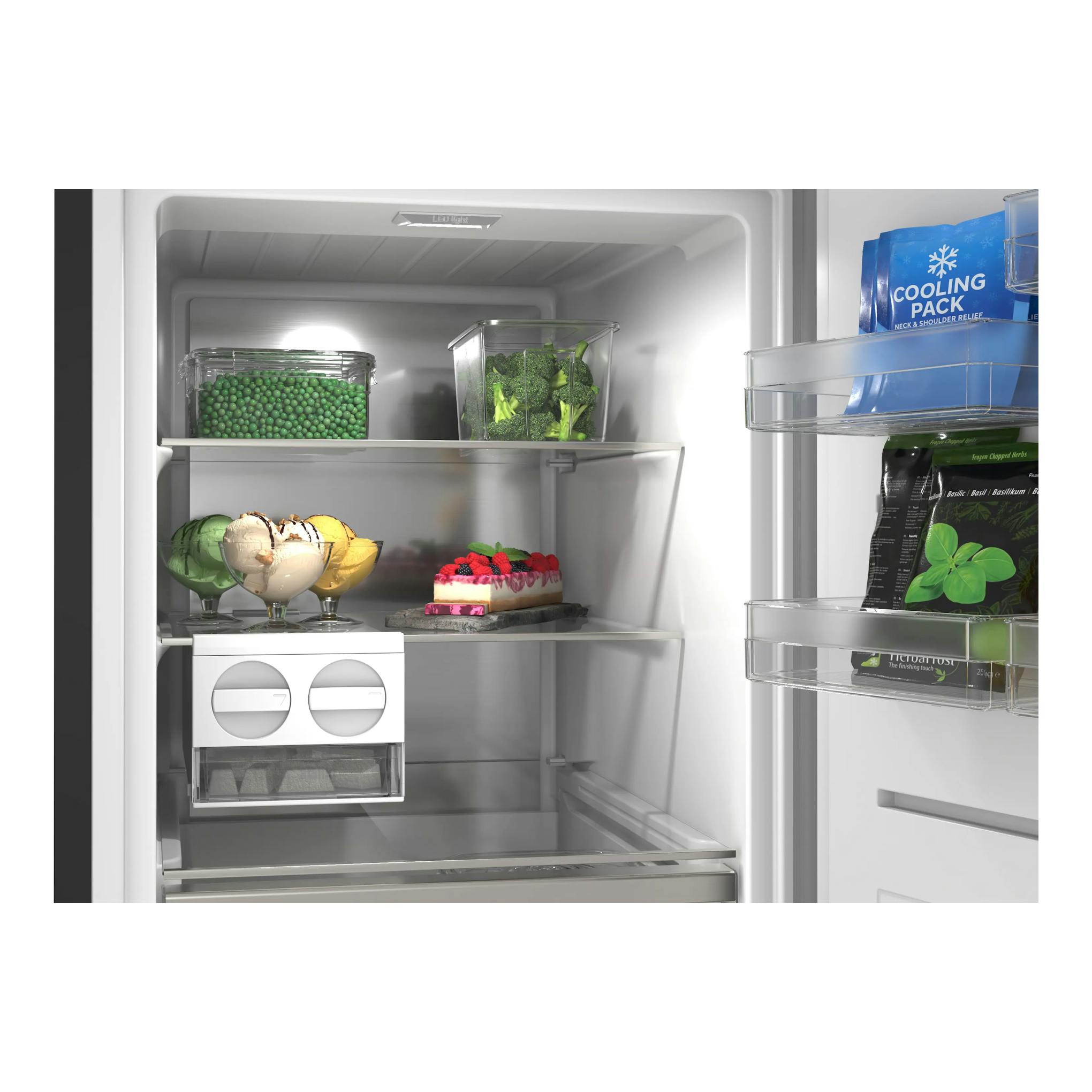 Congelador Siemens GS36NAXCG abierto, interior blanco en vista frontal con cajones transparentes y alimentos.
