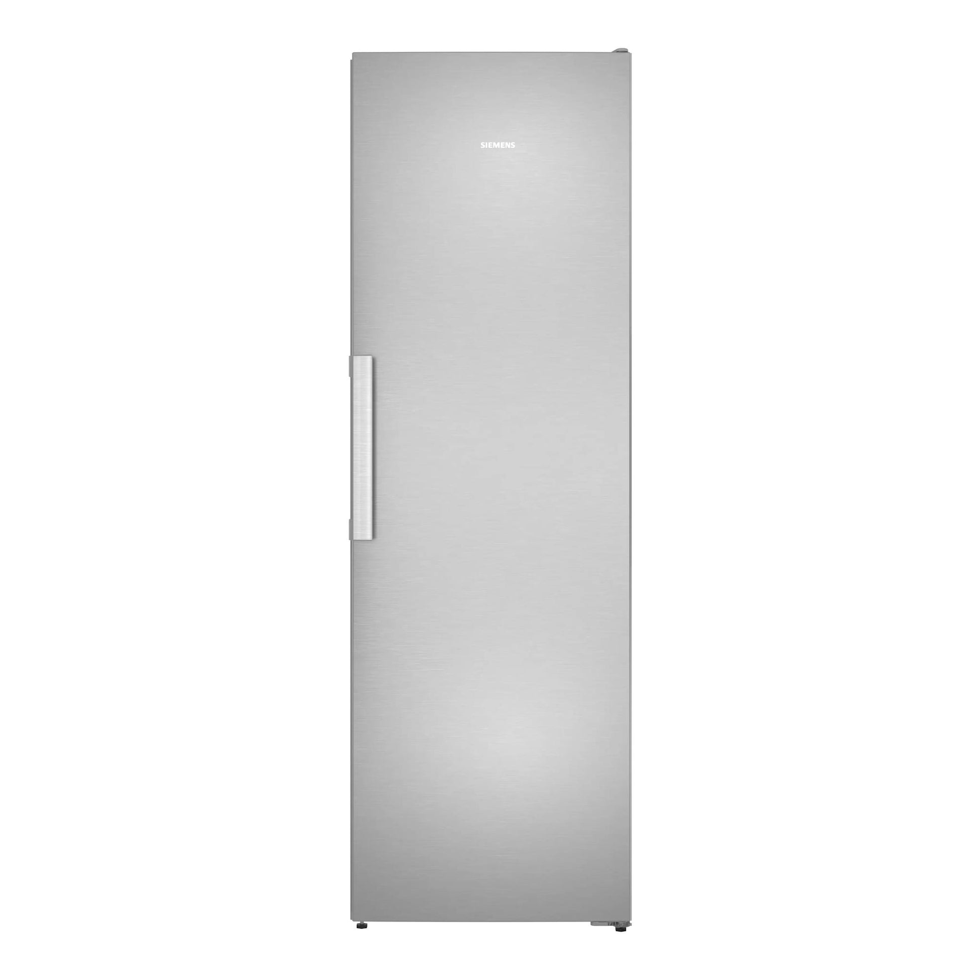 Congelador Siemens GS36NVICG, vista frontal, color acero inoxidable, con asa vertical izquierda.