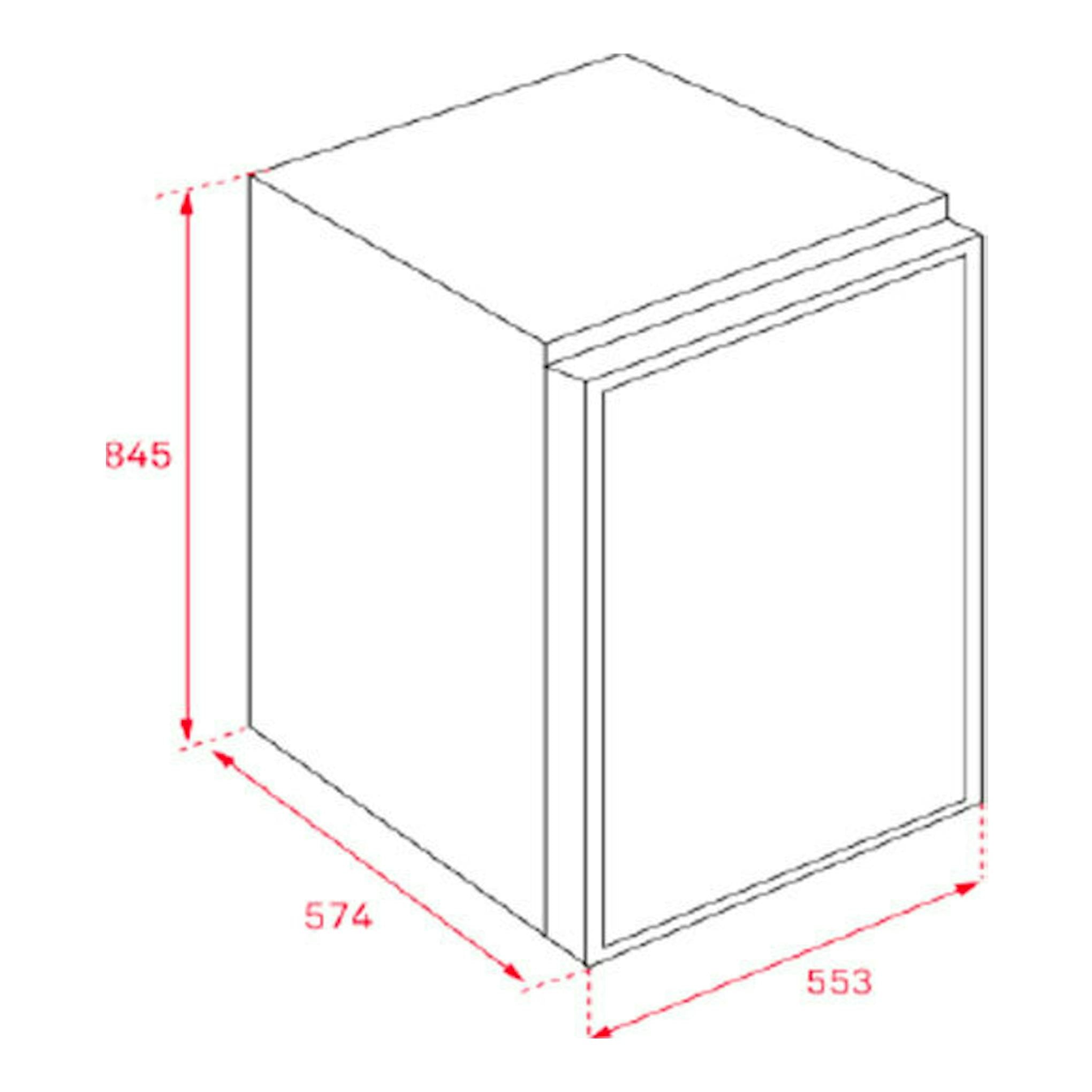 Congelador Teka RSF10080 blanco, vista en perspectiva, con medidas 845 x 574 x 553 mm.