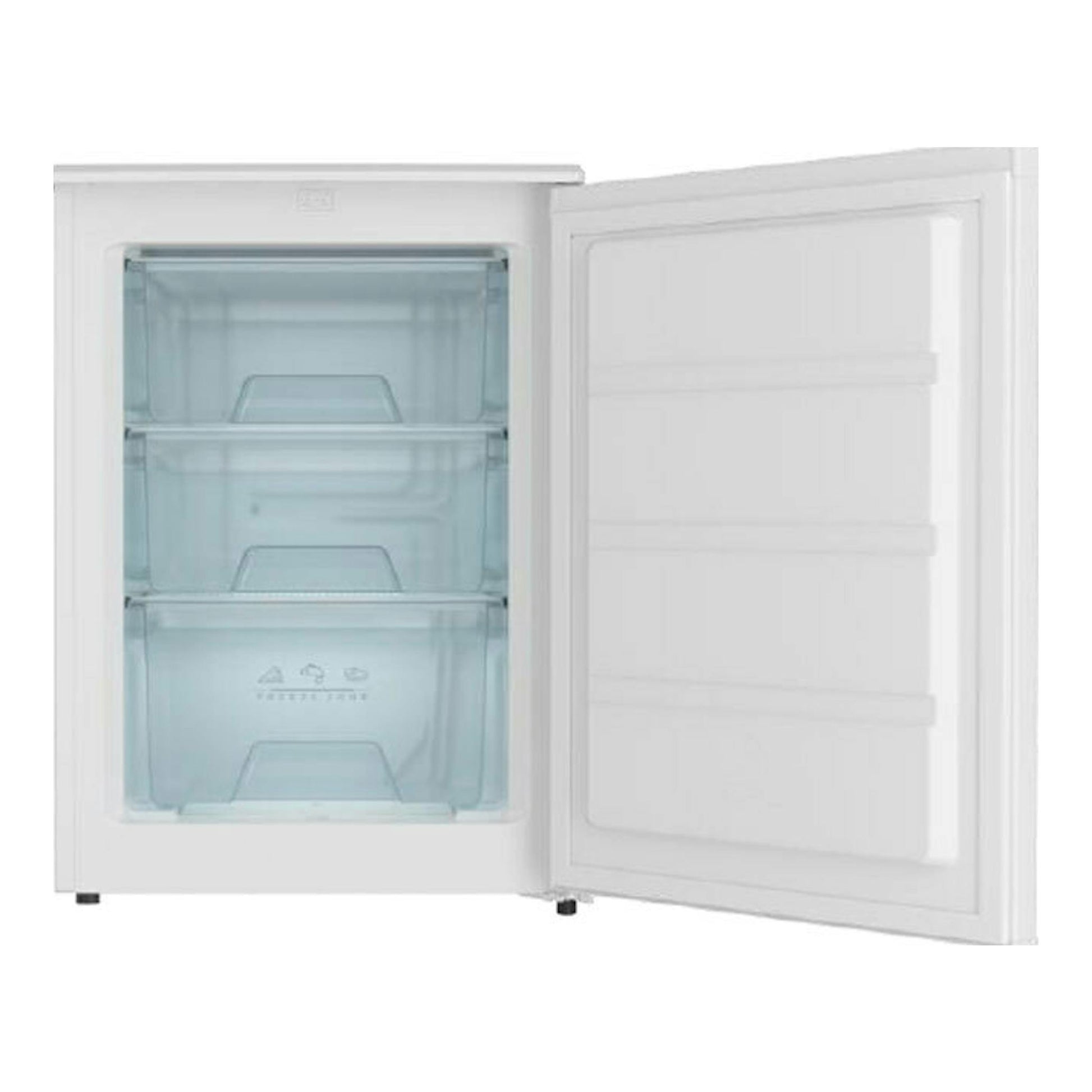 Congelador Teka RSF10080 blanco, vista frontal con la puerta abierta y tres cajones interiores.