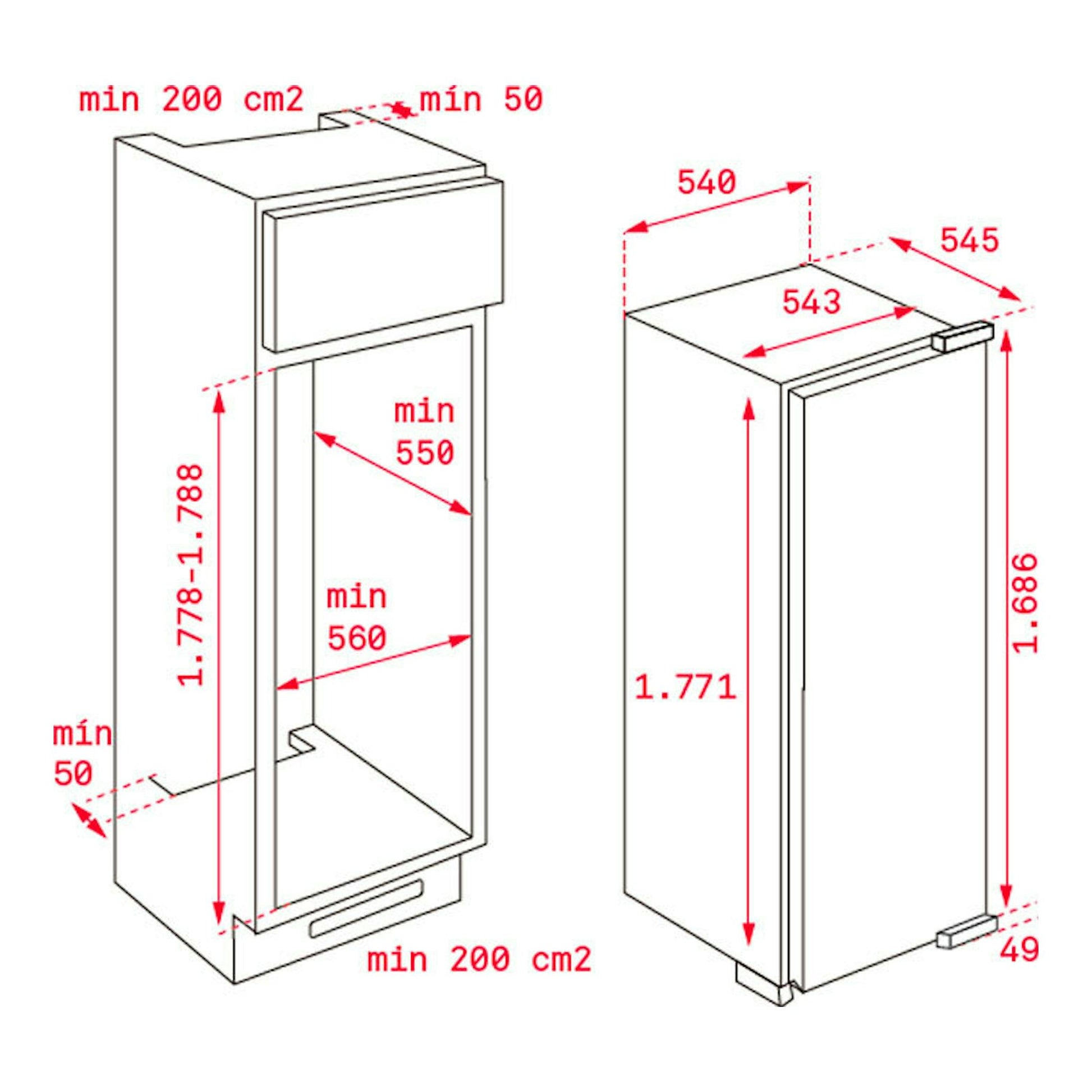 Esquema técnico del congelador integrable Teka RSF73350FI WH, vista frontal y lateral, en blanco, con medidas.