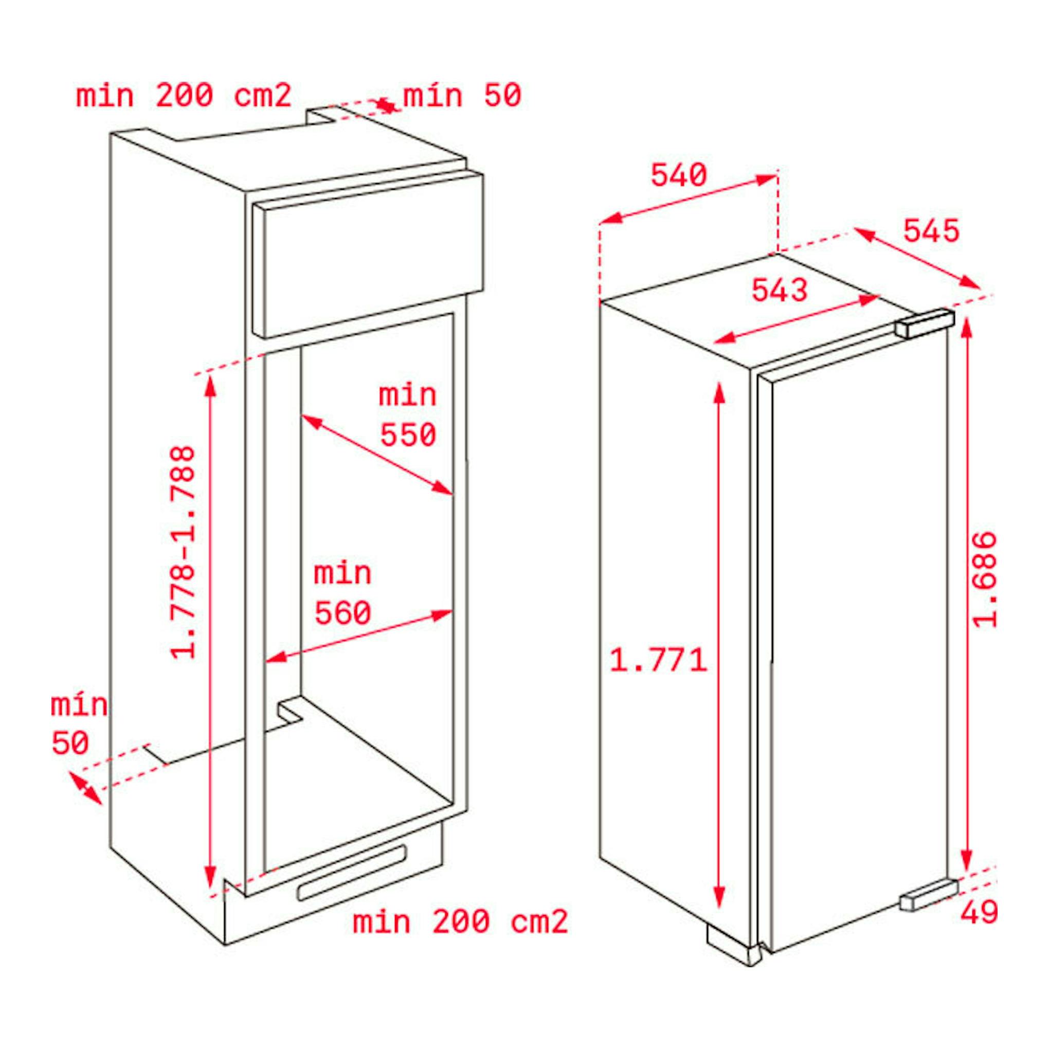 Esquema técnico del congelador integrable Teka RSF73350FI WH, vista frontal y lateral, en blanco, con medidas.