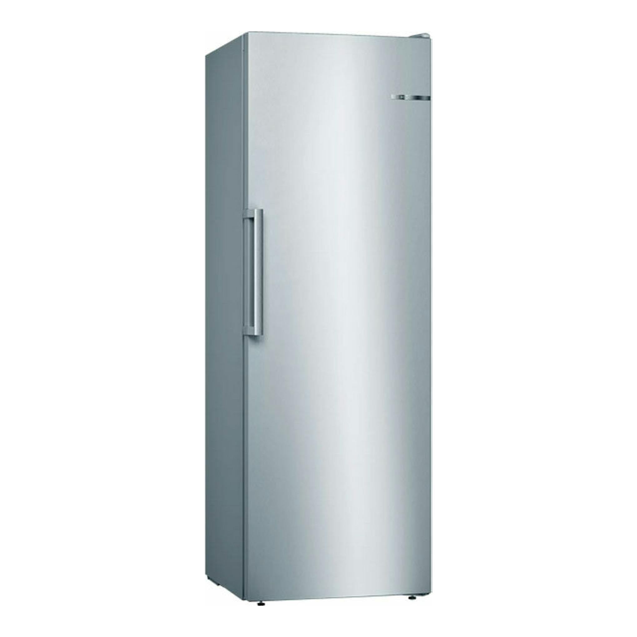 Congelador vertical Bosch GSN33VLEP inox, vista frontal en ángulo, acabado plateado, sobre fondo blanco.