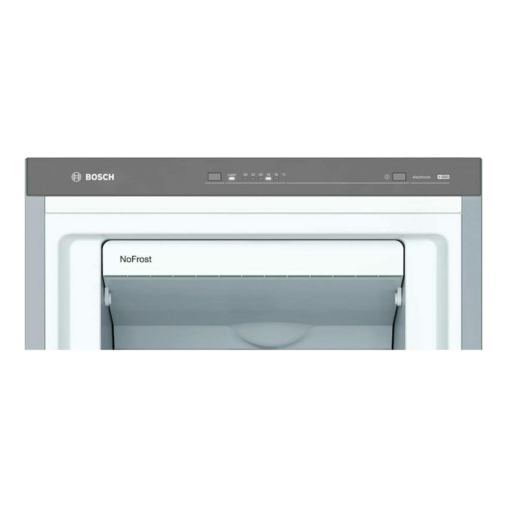 Congelador vertical Bosch GSN33VLEP en blanco e inox, vista frontal, con panel superior gris y NoFrost.