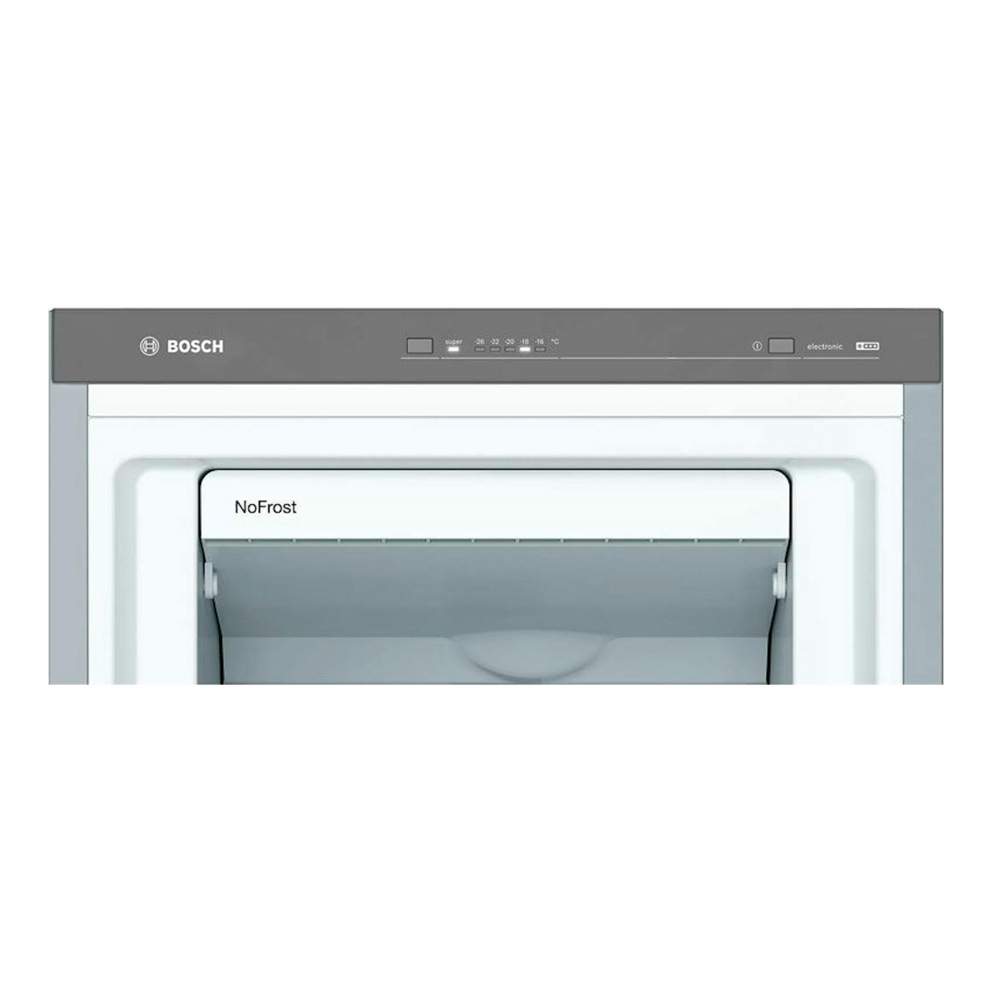 Congelador vertical Bosch GSN33VLEP en blanco e inox, vista frontal, con panel superior gris y NoFrost.