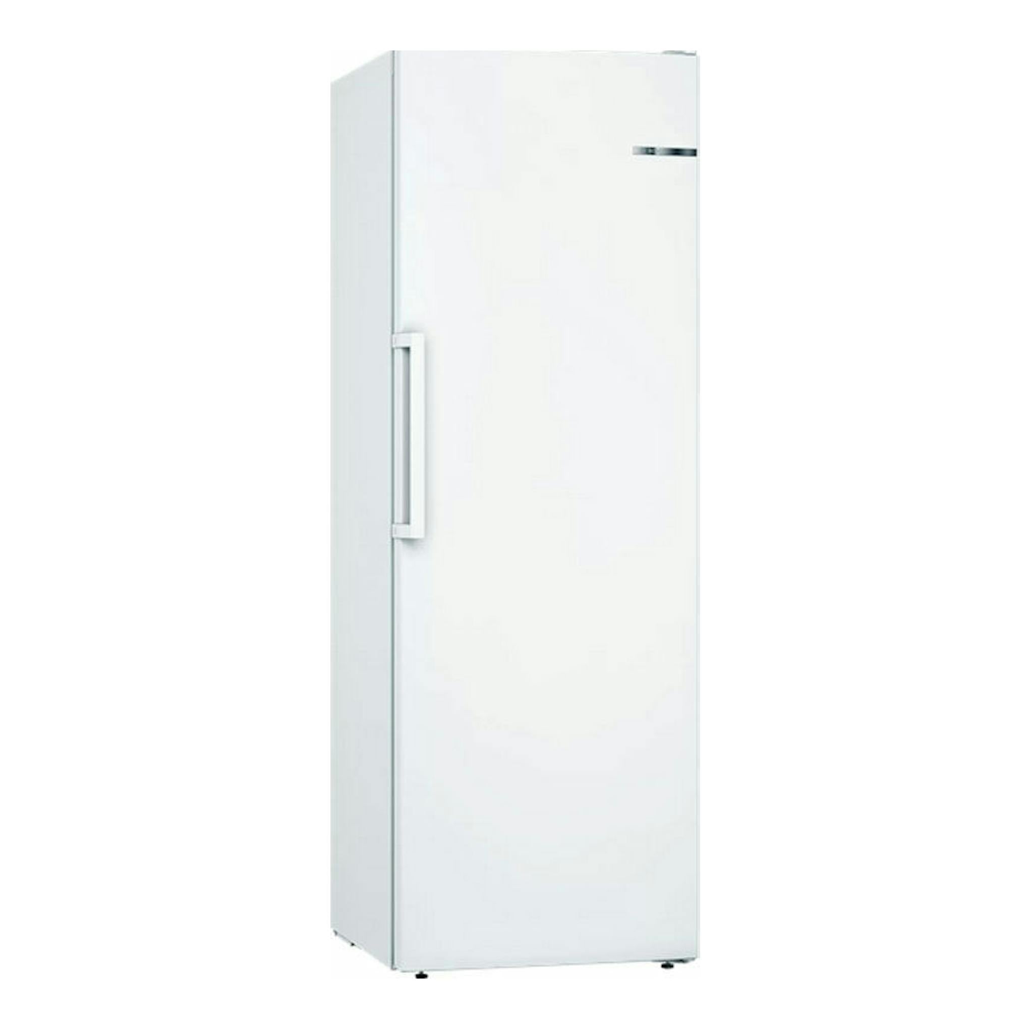 Congelador vertical Bosch GSN33VWEP blanco, vista frontal en ángulo, con tirador lateral.
