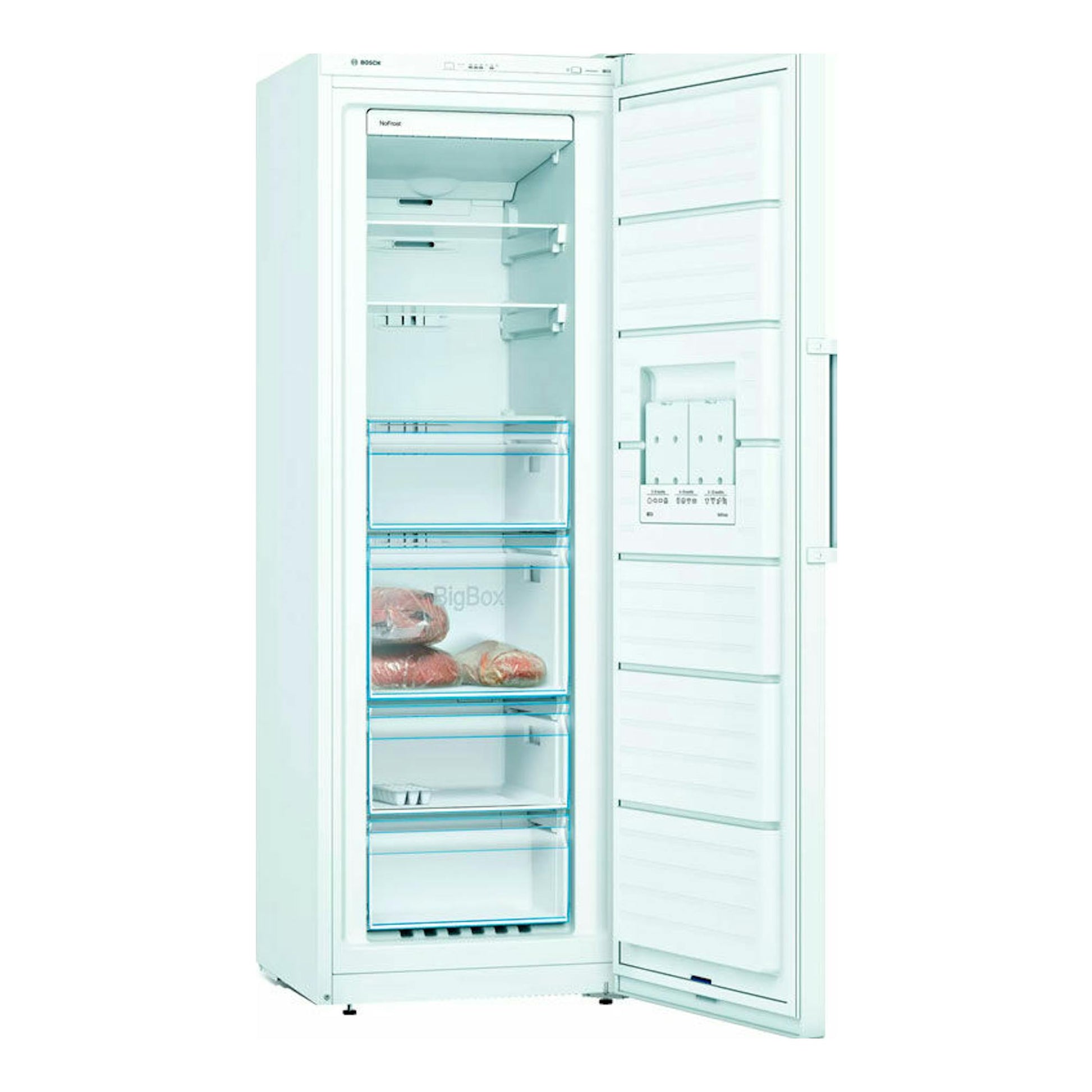 Congelador vertical Bosch GSN33VWEP blanco, puerta abierta, vista frontal con cajones interiores.