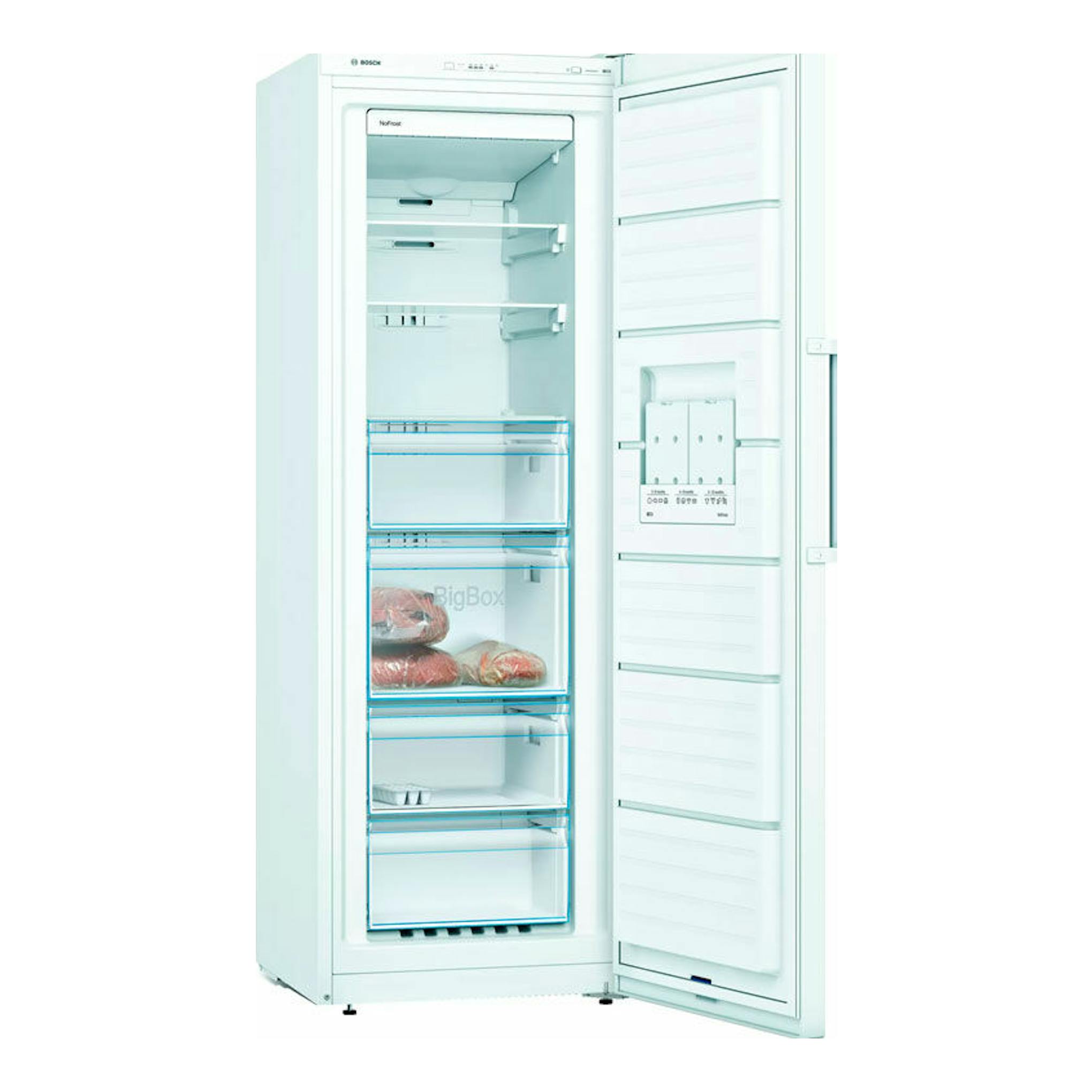 Congelador vertical Bosch GSN33VWEP blanco, puerta abierta, vista frontal con cajones interiores.