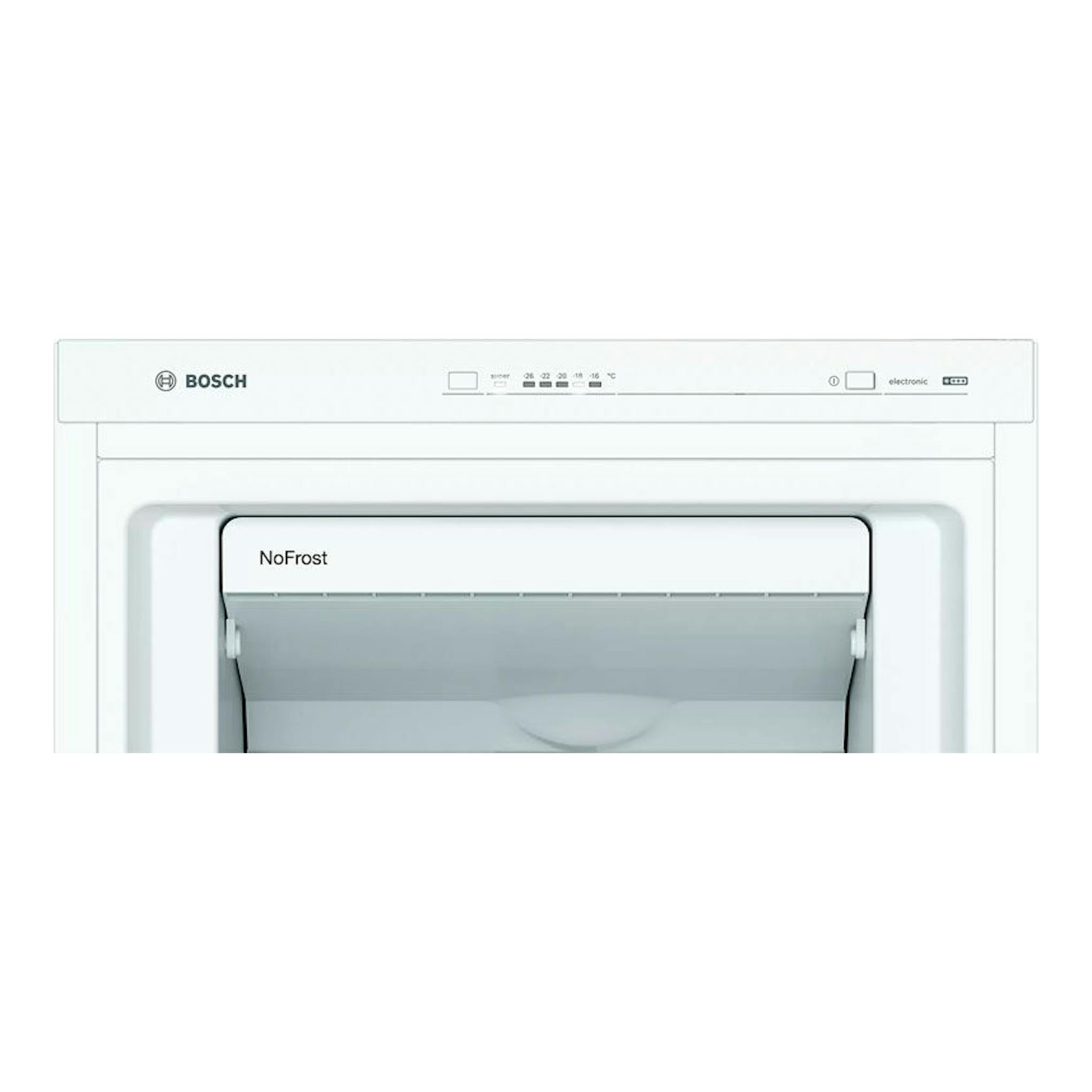 Congelador vertical Bosch GSN33VWEP blanco, vista frontal, con panel NoFrost.