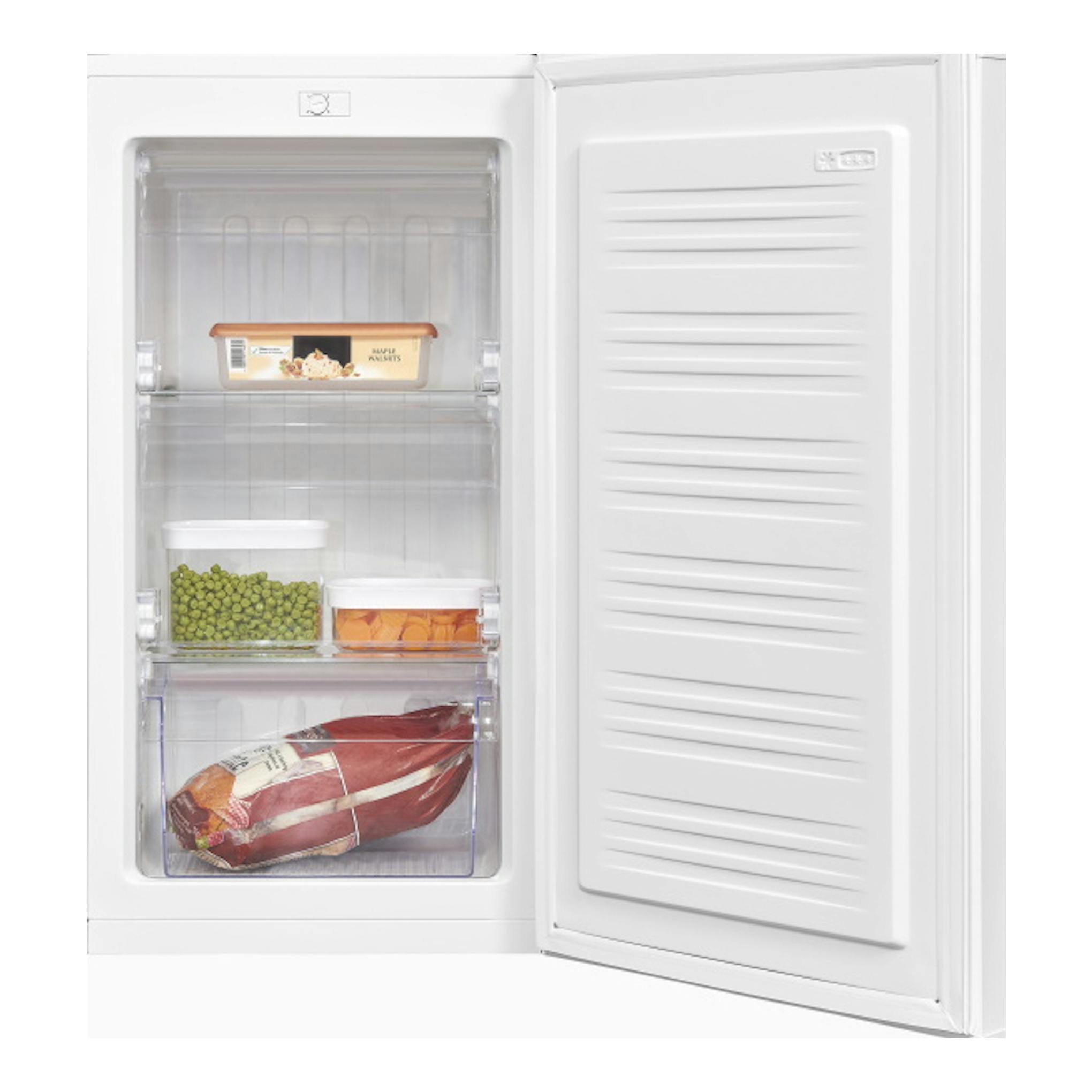 Congelador vertical Exquisit GS111-330E blanco, puerta abierta, vista frontal con cajones y alimentos.