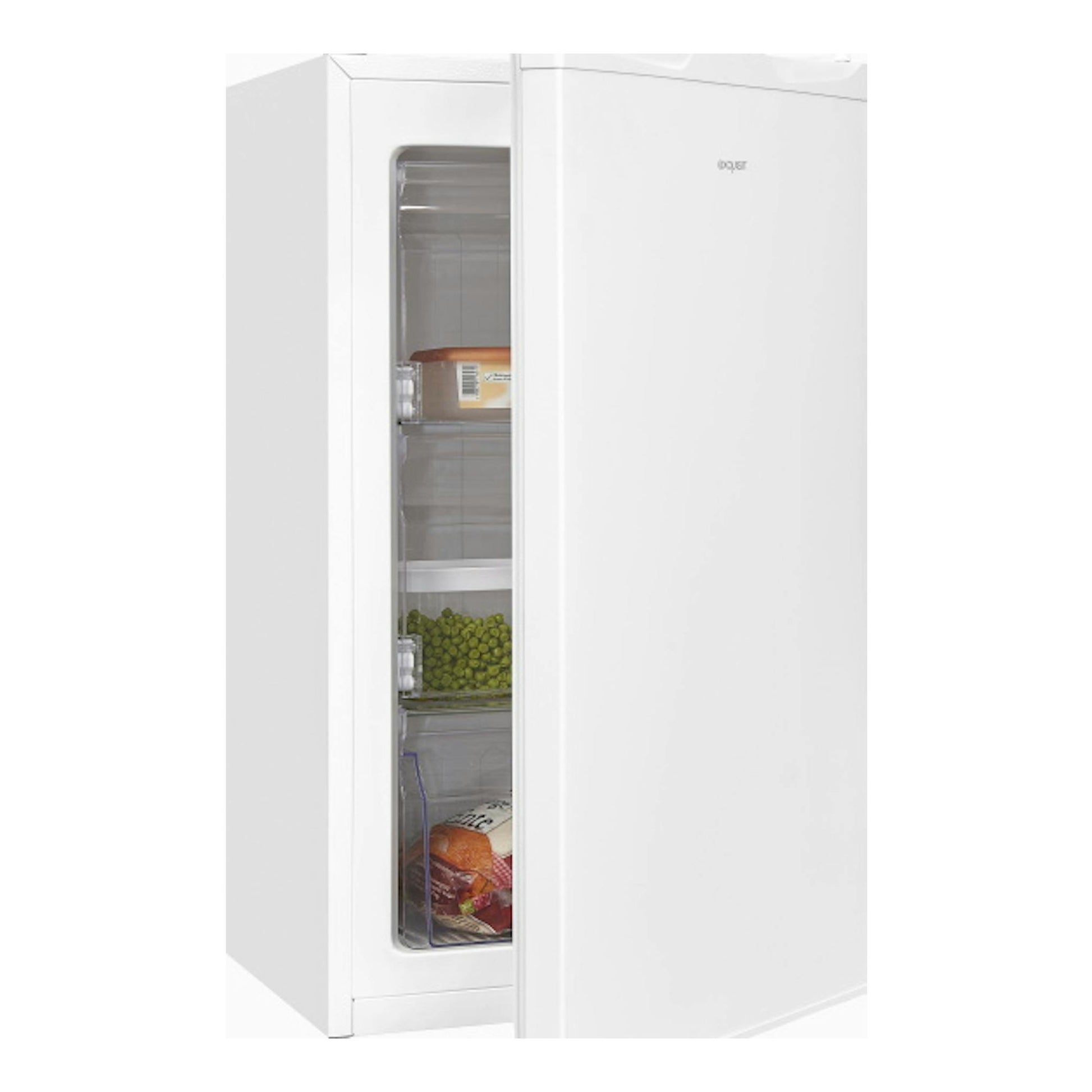 Congelador vertical Exquisit GS111-330E blanco, con la puerta abierta y cajones interiores visibles.