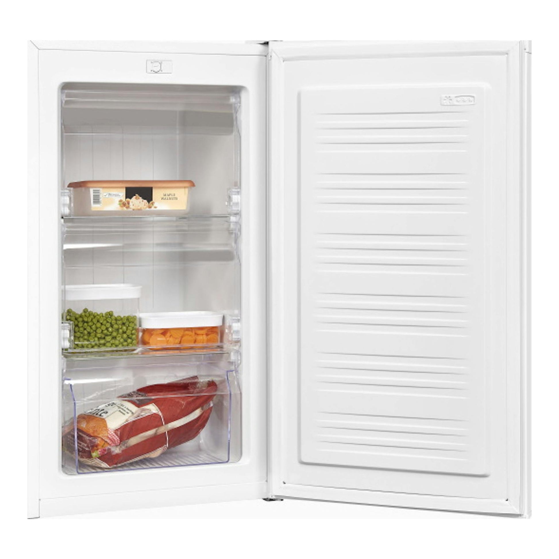 Congelador vertical Exquisit GS111-330E blanco, puerta abierta, vista frontal con estantes y alimentos.