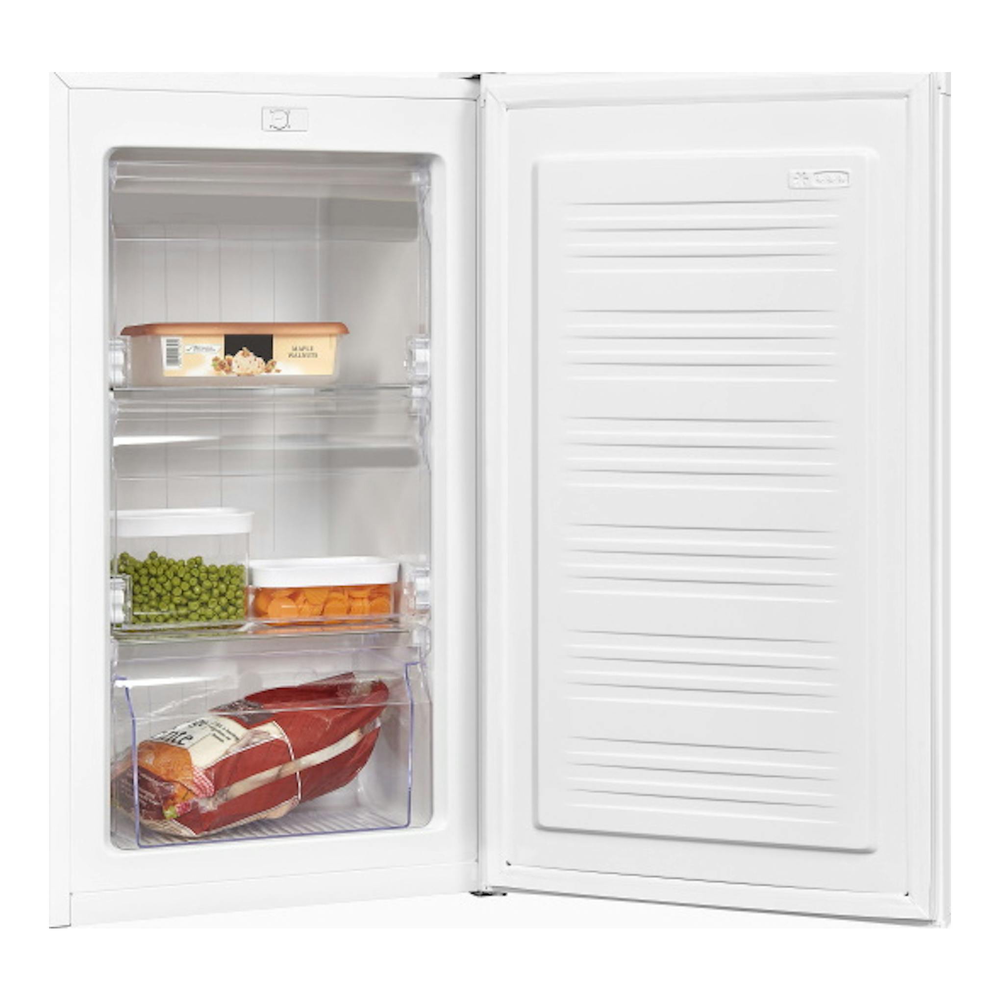 Congelador vertical Exquisit GS111-330E blanco, puerta abierta, vista frontal con estantes y alimentos.