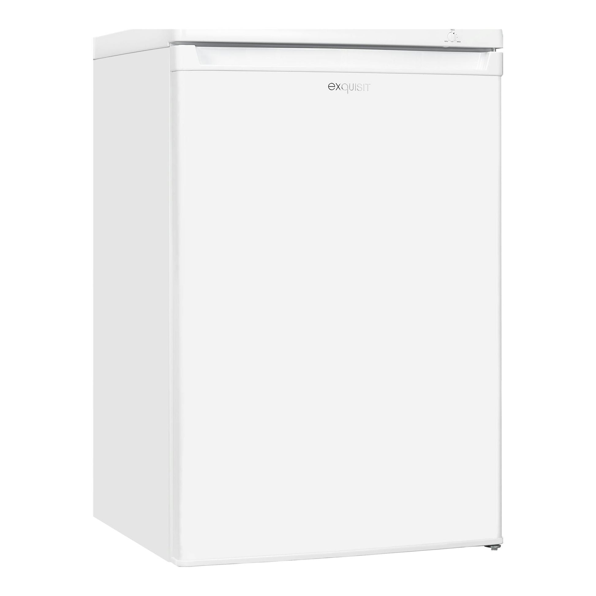 Congelador vertical Exquisit GS80-040E blanco, vista frontal ligeramente en ángulo.
