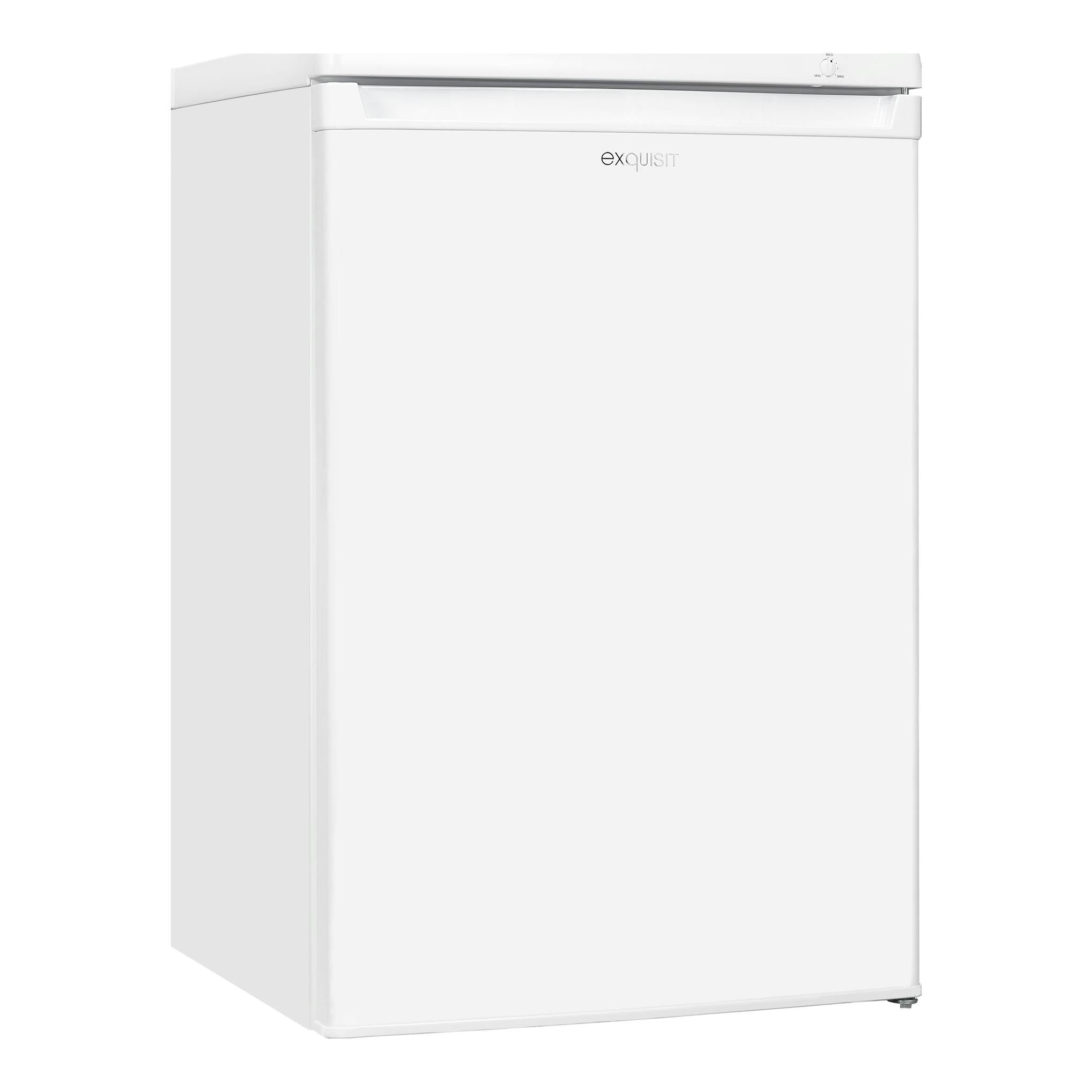 Congelador vertical Exquisit GS80-040E blanco, vista frontal ligeramente en ángulo.