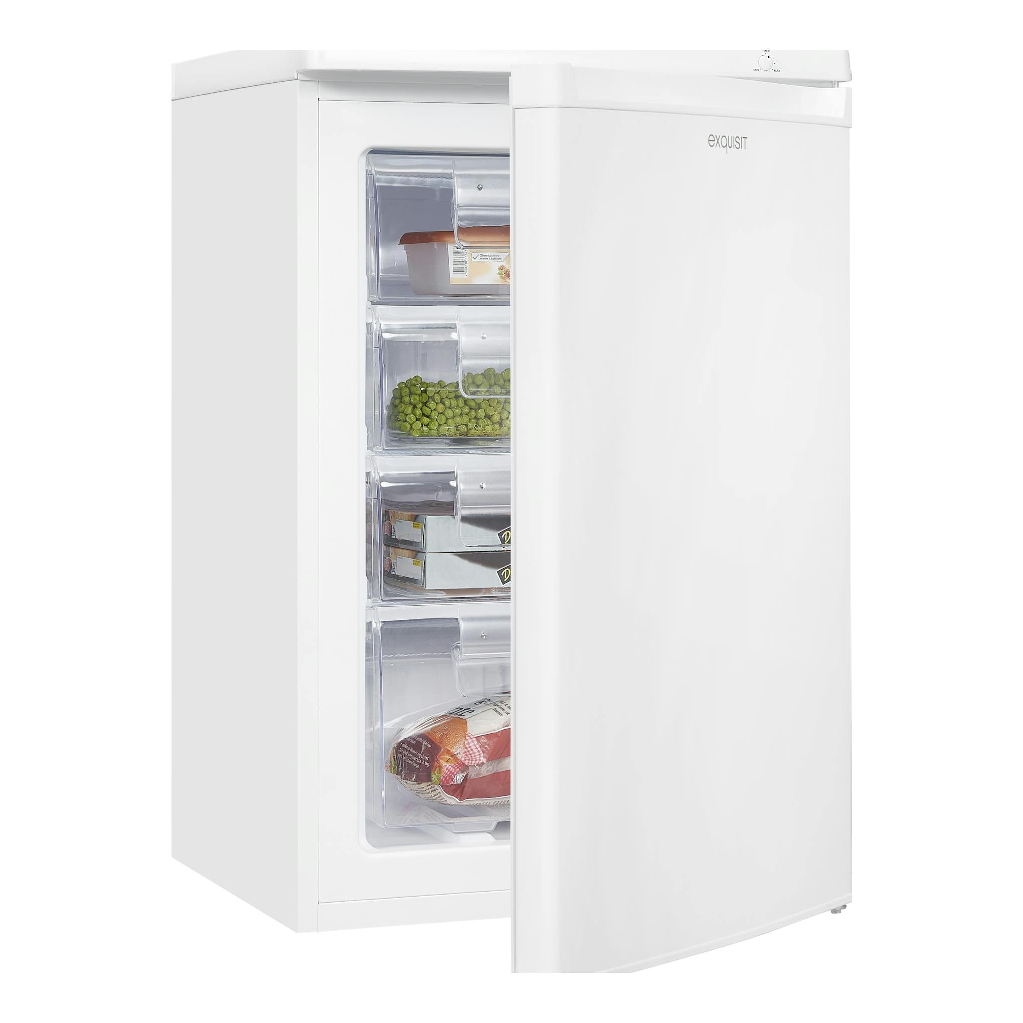 Congelador vertical Exquisit GS80-040E blanco, vista frontal con la puerta abierta y cajones transparentes.
