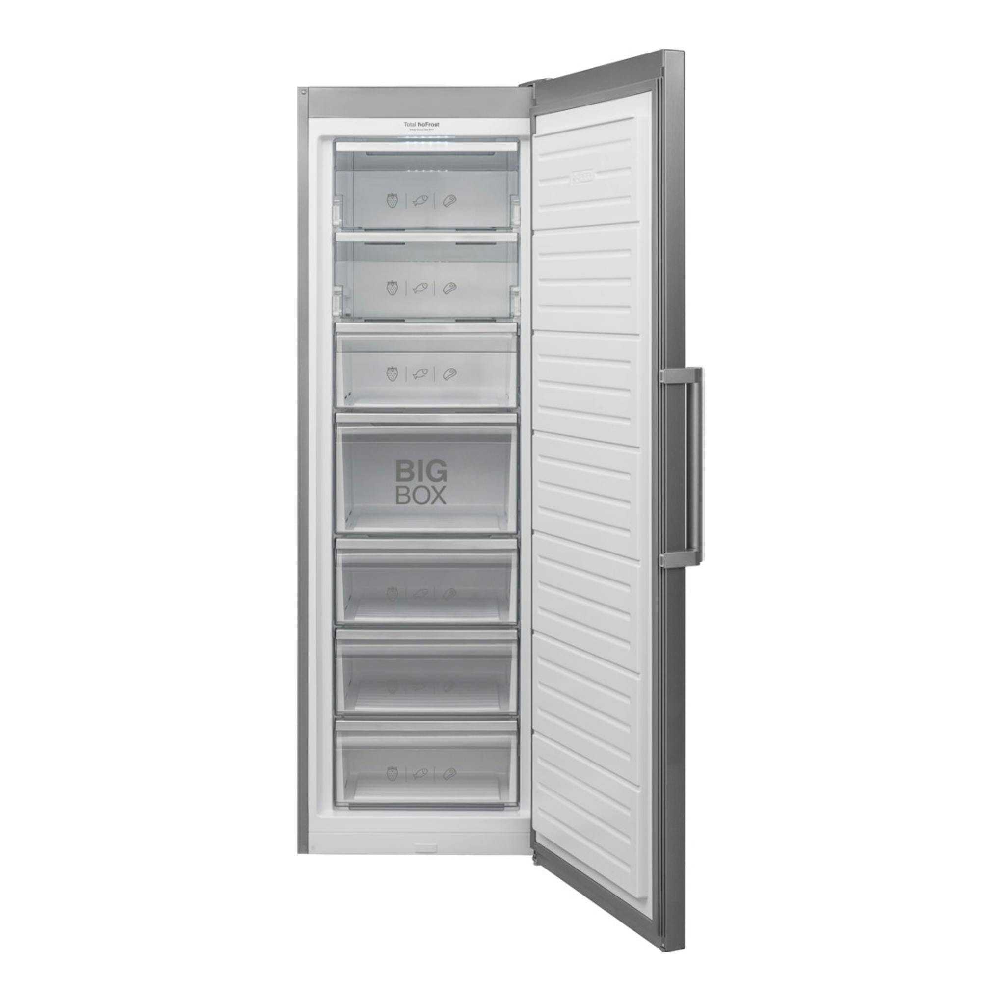 Congelador vertical Fagor 3ZFK-1875X en inox, puerta abierta, vista frontal con cajones interiores.